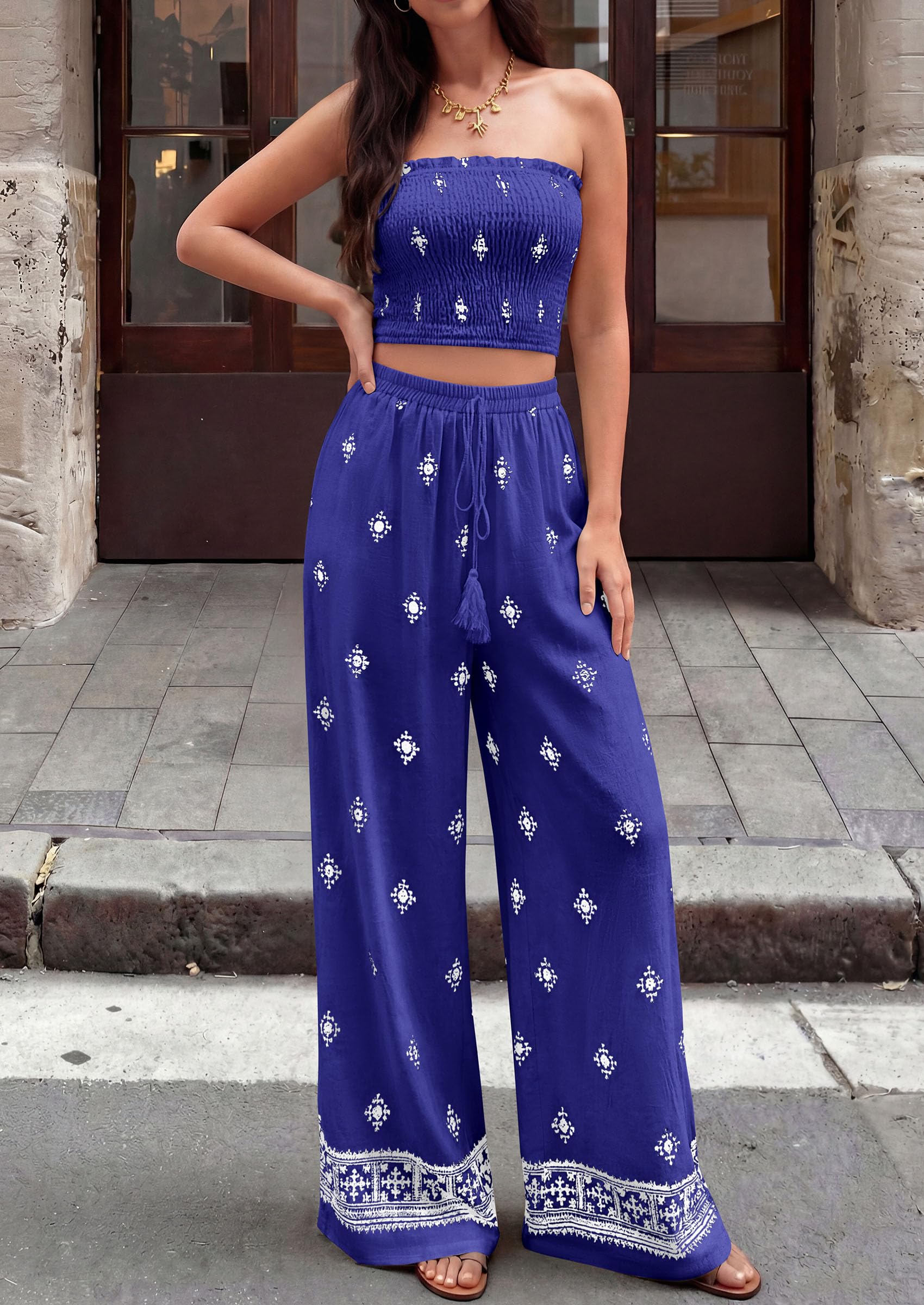 PRETTYGARDEN 2 Piece Sets for Women Summer  Travel Outfits Print Tube Tops Wide Leg Pants Beach Vacation Clothes