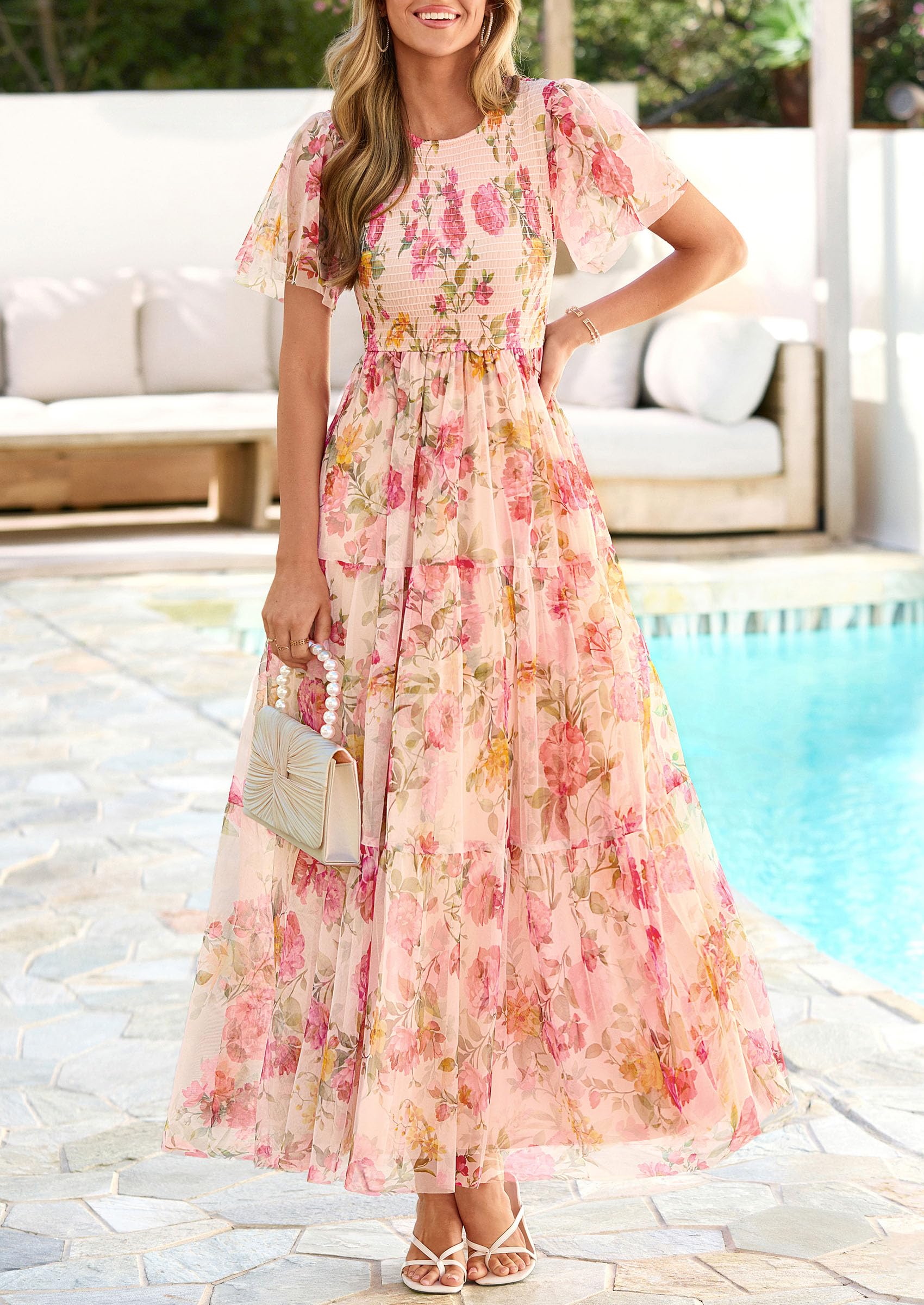 PRETTYGARDEN Tulle Floral Dress Women Summer Wedding Guest  Spring Short Sleeve Maxi Smocked Flowy Beach Party Dresses