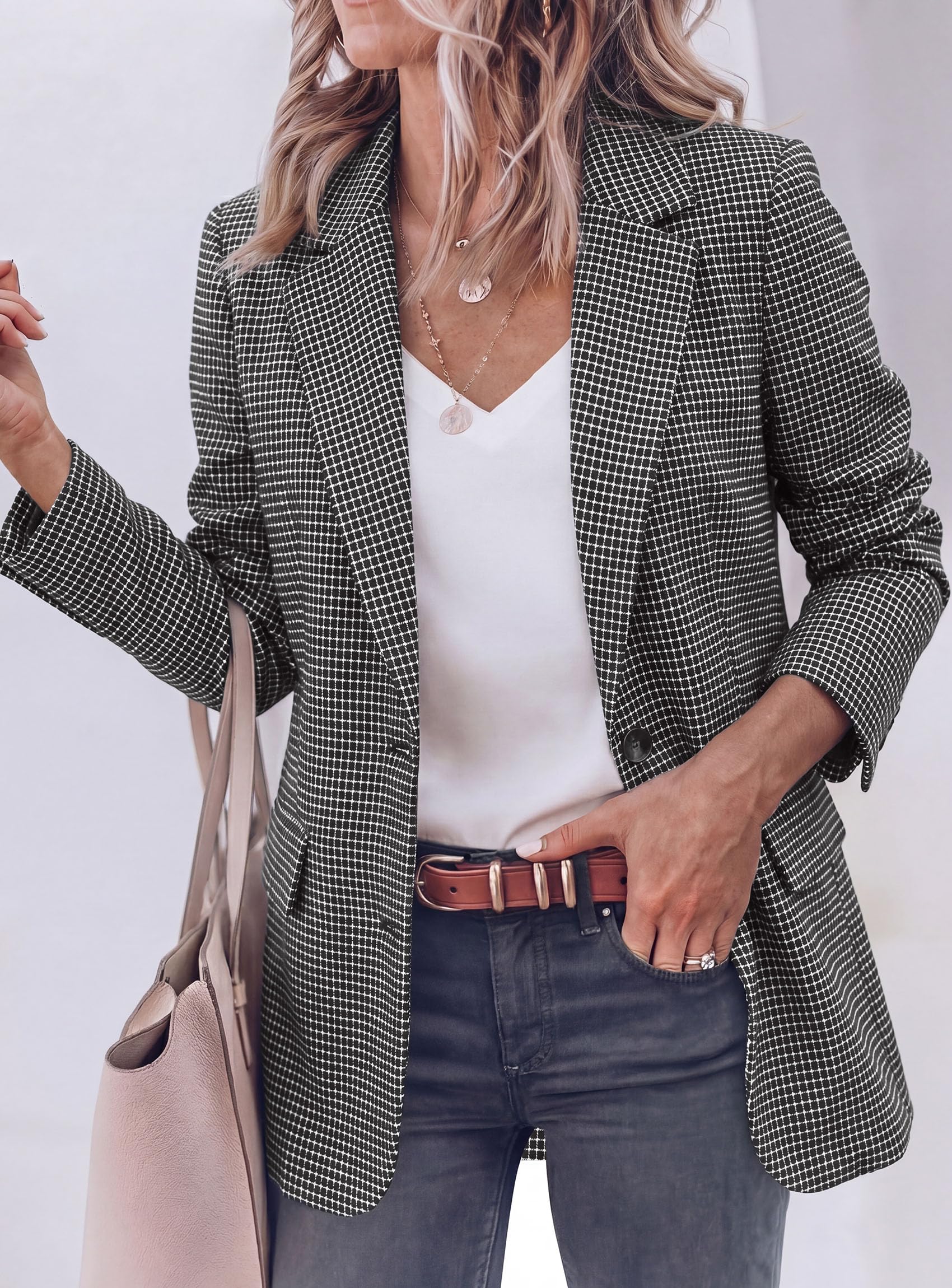 PRETTYGARDEN Fall Blazers for Women Business Casual | Long Sleeve Plaid Houndstooth, Notch Lapel Pockets, Oversized Blazer Outerwear, Trendy Suit Jackets, 2026 Winter Work Outfits