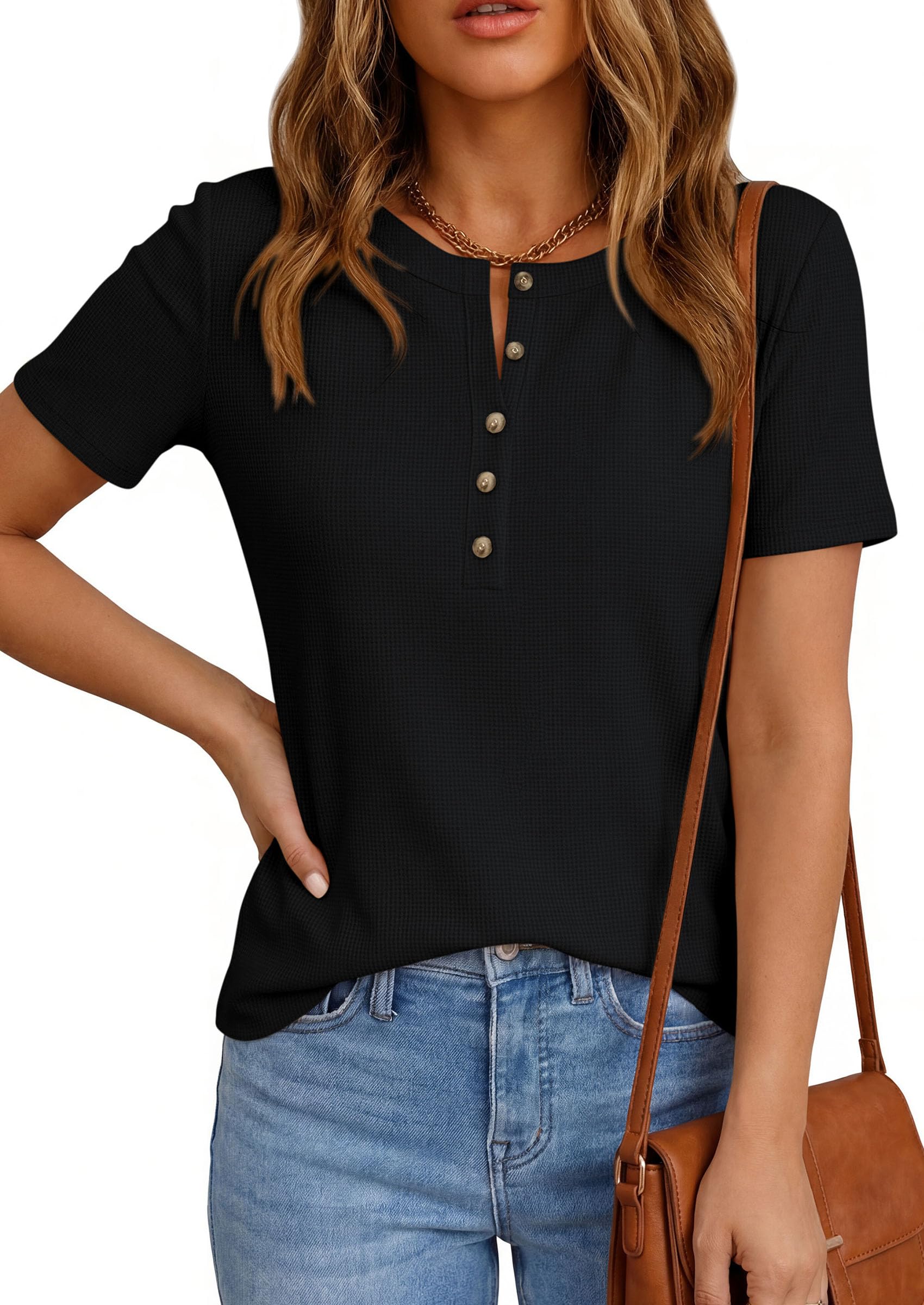 PRETTYGARDEN Waffle Knit Tops for Women Short Sleeve Henley Shirts  Summer Blouses Dressy Casual Spring Fashion Clothes
