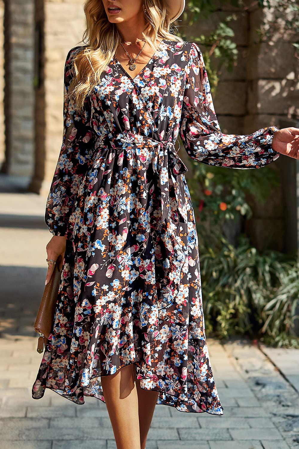 PRETTYGARDEN Women's Floral Print Boho Dress Long Sleeve Wrap V Neck Ruffle Belted A-Line Flowy Maxi Dresses
