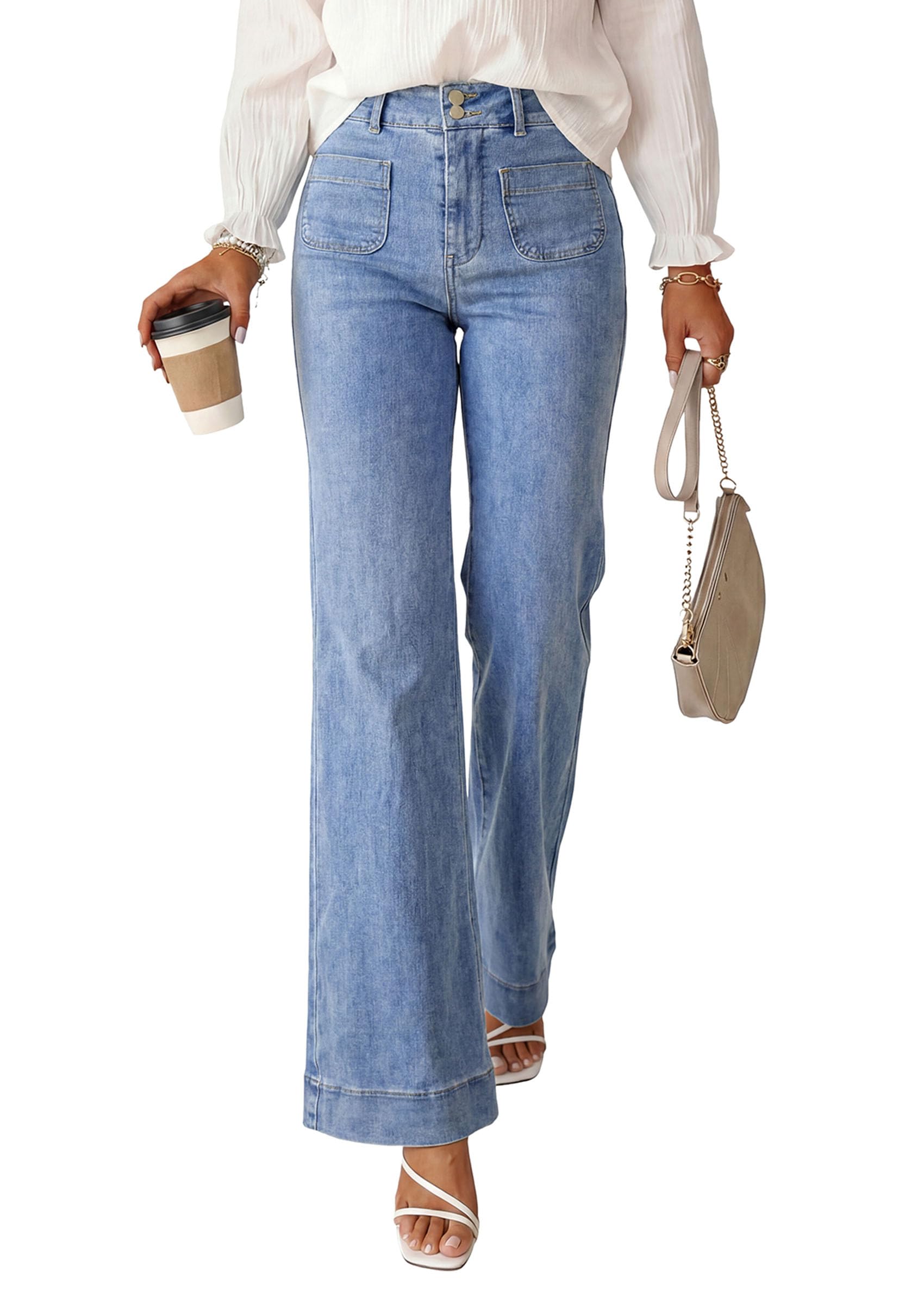 PRETTYGARDEN Womens Wide Leg Jeans High Waisted Stretchy | High Rise Flare Jeans with Front Patch Pockets, Loose Fit Daily Wear Denim, Trendy Office Work Pants, Business Casual Outfits