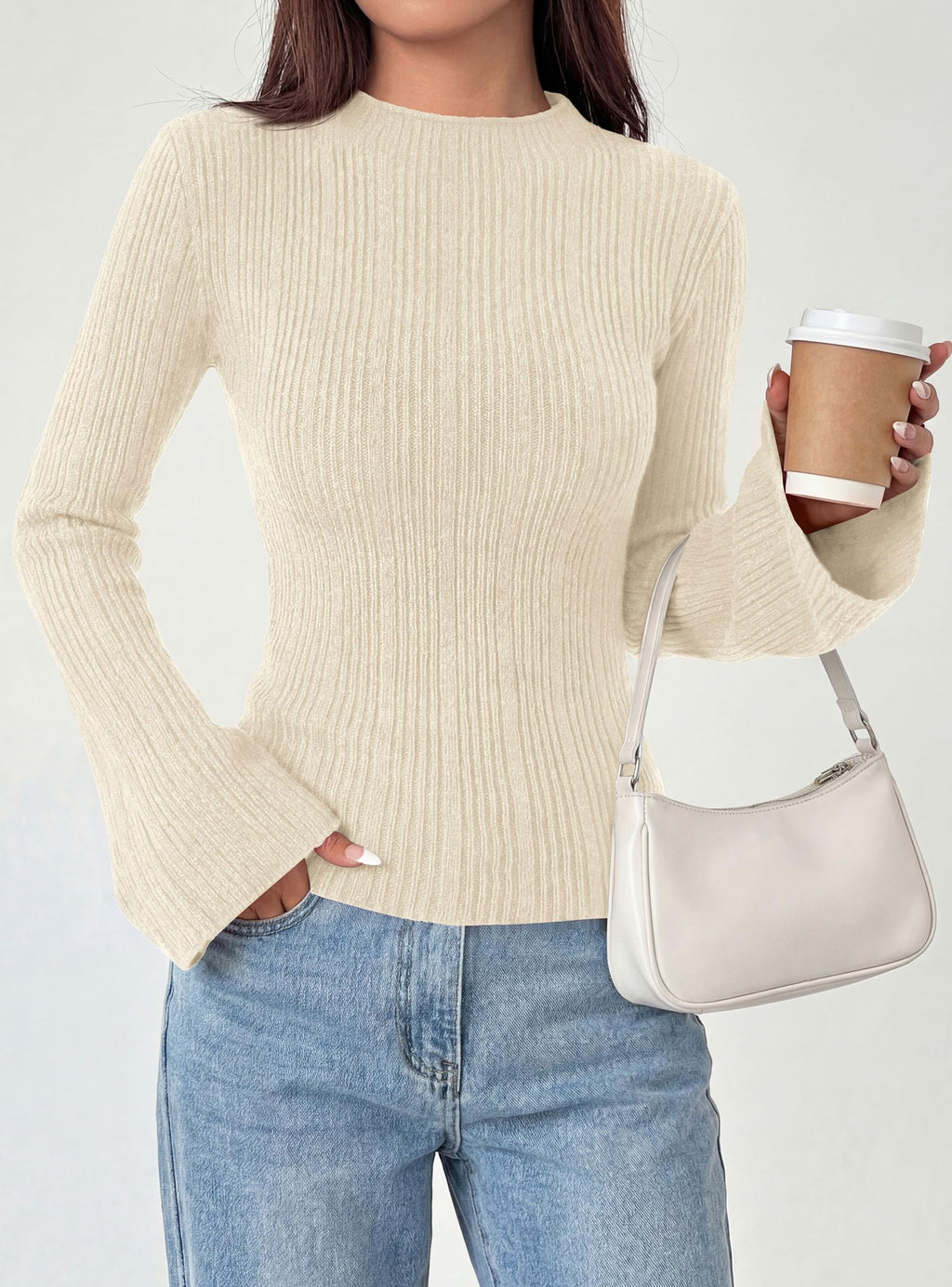 PRETTYGARDEN Women's Lightweight Mock Neck Sweaters | Bell Long Sleeve Tops, Slim Fitted Pullover, Soft Ribbed Knit, Going Out Outfits, Fall Winter Layering, Fashion Clothing