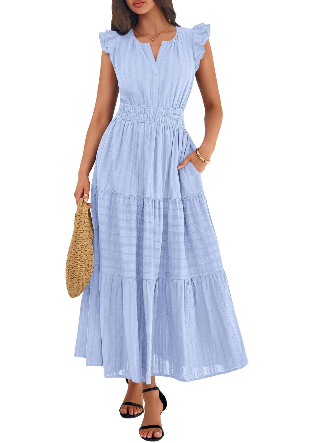 BTFBM Womens Summer Maxi Dress  Spring Boho Vacation Ruffle Flutter Short Sleeve A Line Tiered Flowy Dresses Pockets