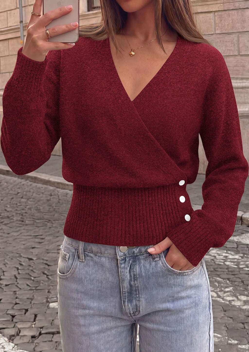 PRETTYGARDEN Women V Neck Wrap Sweater Cropped Tops，Fall Winter Fashion , Business Casual Outfits, Stretchy Soft knit, Wide Ribbed Hem with Side Buttons Pullover Sweaters