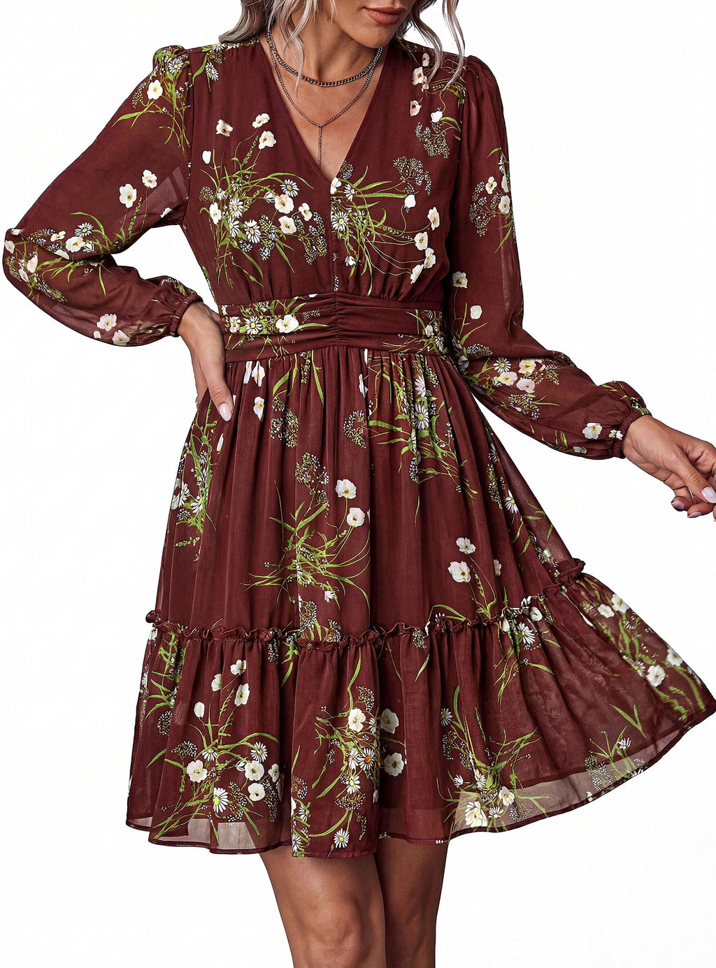 PRETTYGARDEN Women Floral Long Sleeve Mini Dress | Fall Wedding Guest Dresses, V Neck, Fit & Flare, Ruffle Hem A-Line, Short Chiffon Dress, Elegant Holiday Party, Date Outfits