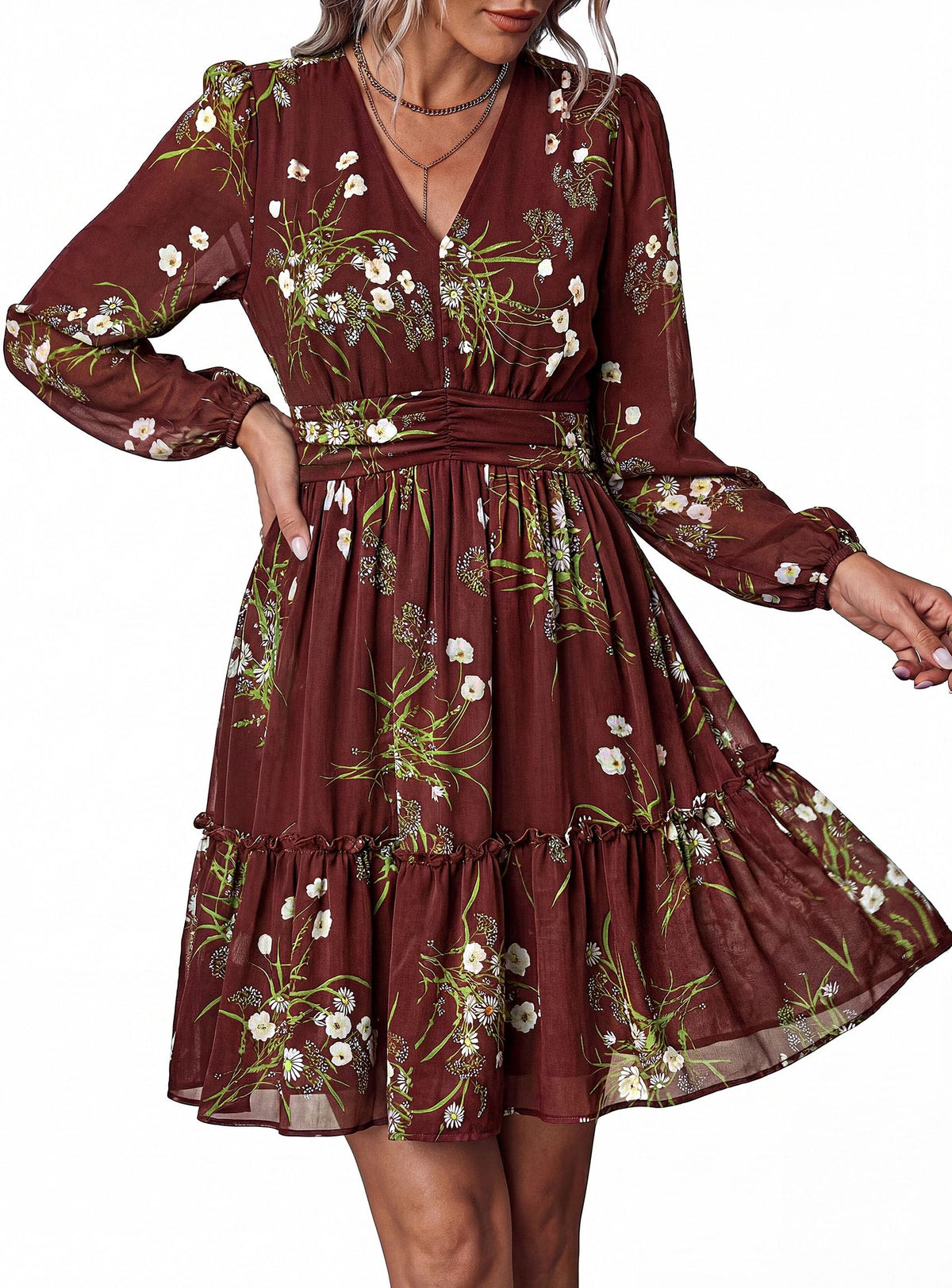 PRETTYGARDEN Women Floral Long Sleeve Mini Dress | Fall Wedding Guest Dresses, V Neck, Fit & Flare, Ruffle Hem A-Line, Short Chiffon Dress, Elegant Holiday Party, Date Outfits