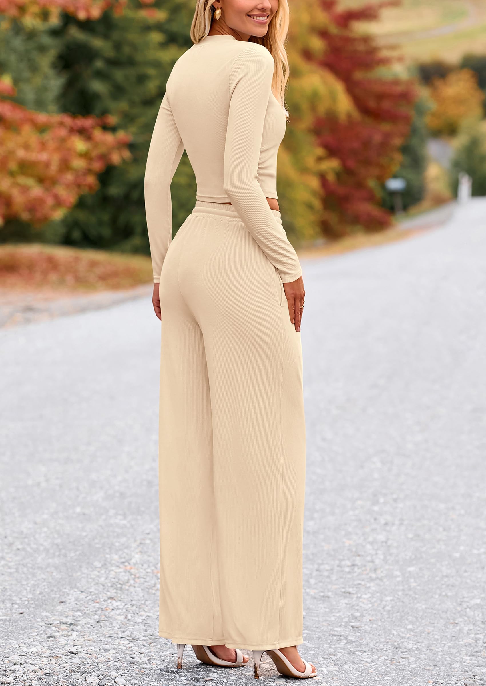 PRETTYGARDEN Women's 2 Piece Loungewear Long Sleeve Crop Top Wide Leg Palazzo Pants Set Tracksuits Casual Outfit