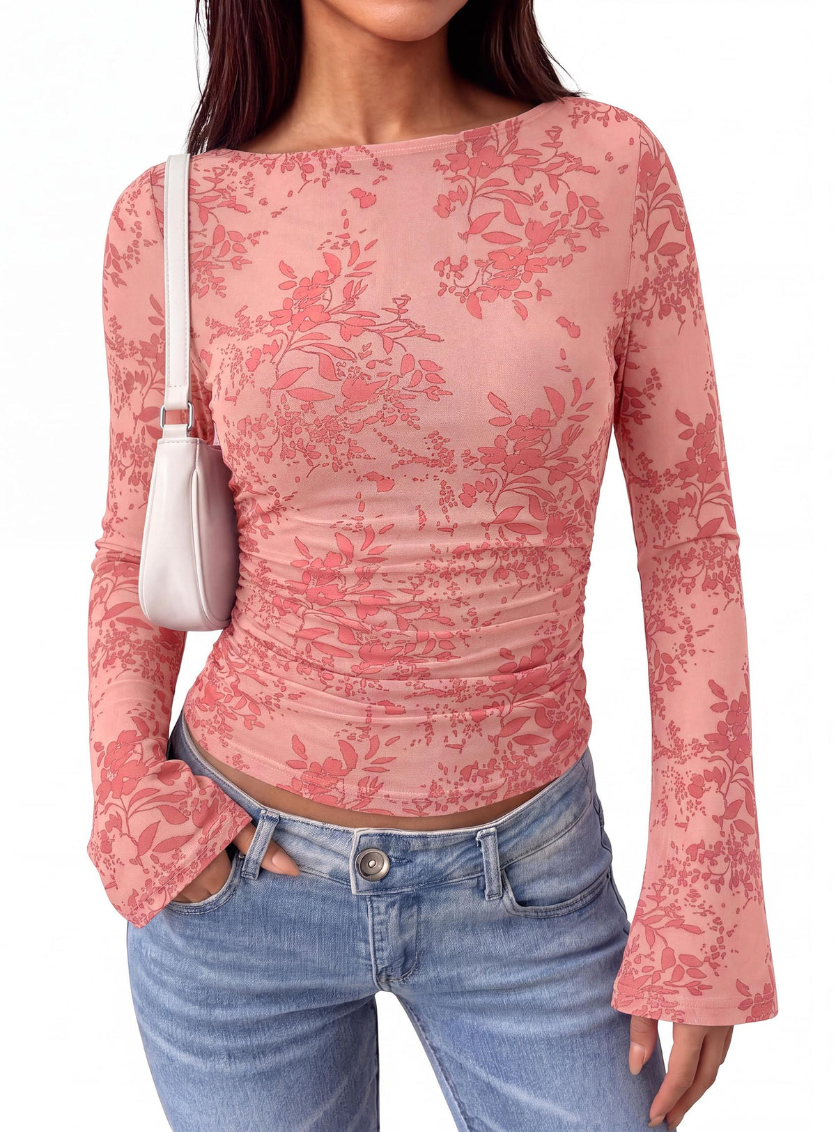 PRETTYGARDEN Women's Bell Sleeve Floral Mesh Crop Tops