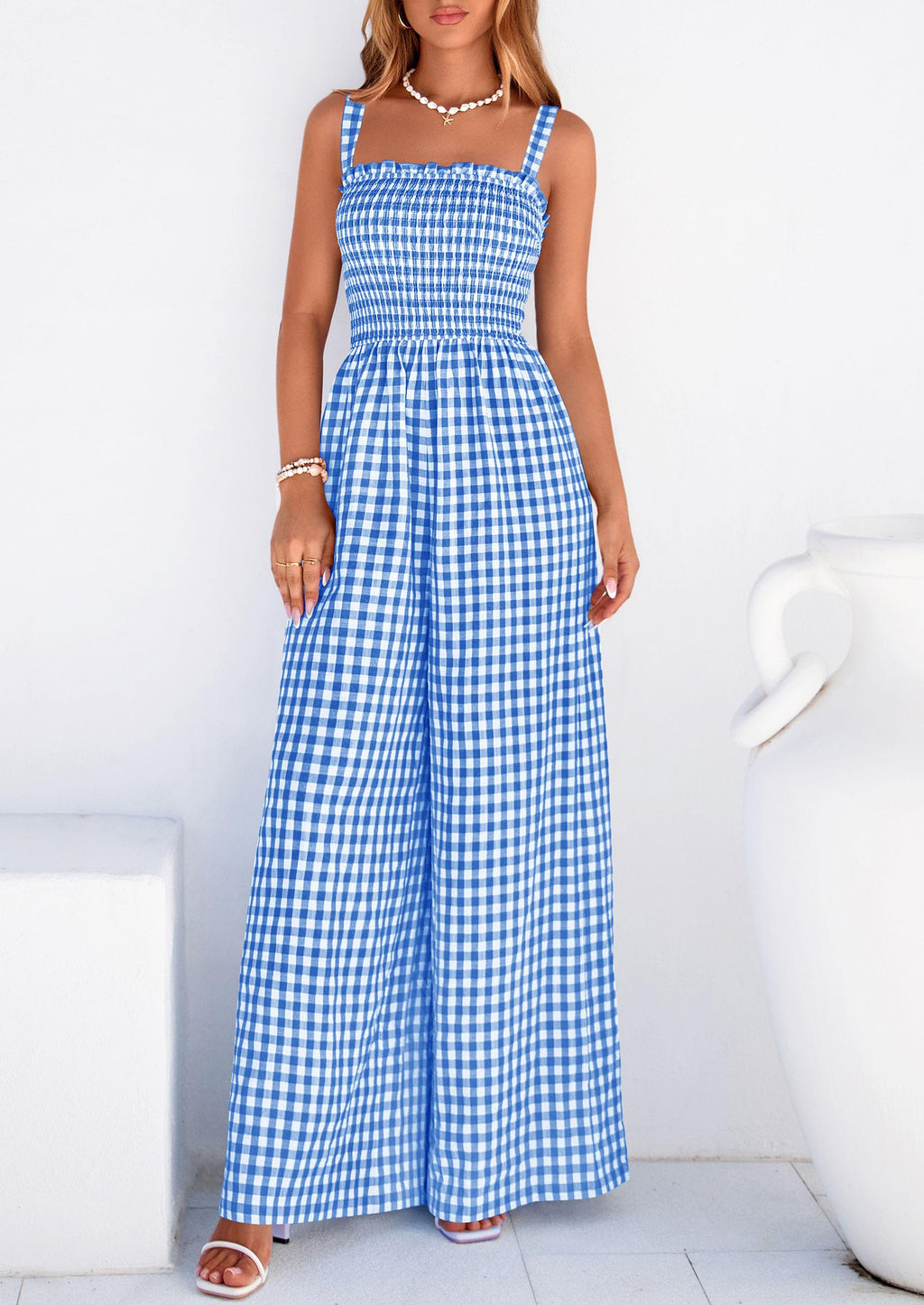 PRETTYGARDEN One Piece Jumpsuits for Women Casual Summer Cruise Outfits  Spring Fashion Smocked Wide Leg Gingham Rompers