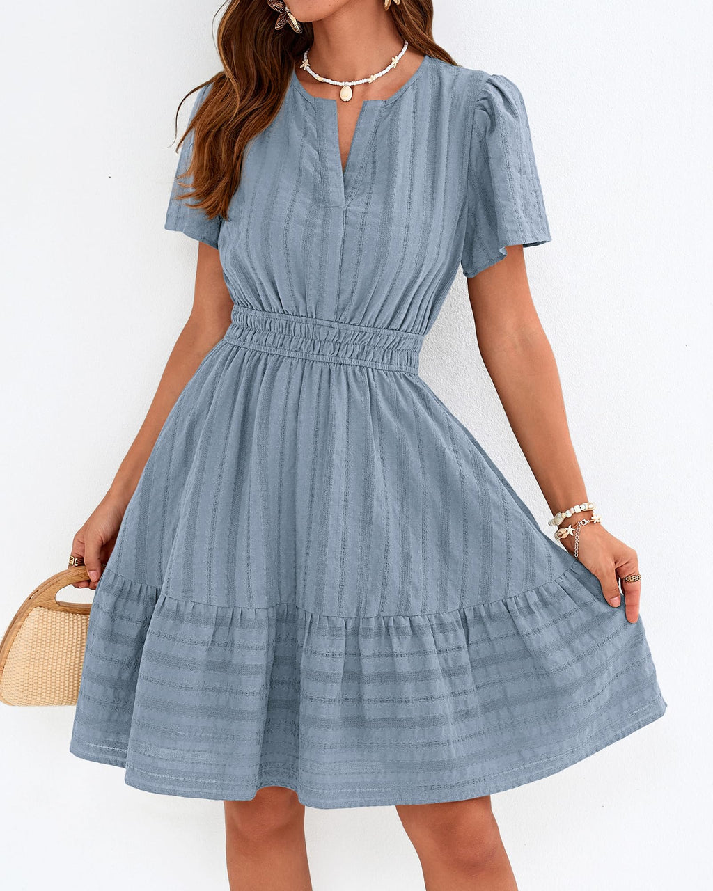 BTFBM Womens Spring  Casual Mini Dresses Lightweight Short Sleeve V Neck Elastic Waist Cute Boho Beach Dress Pockets