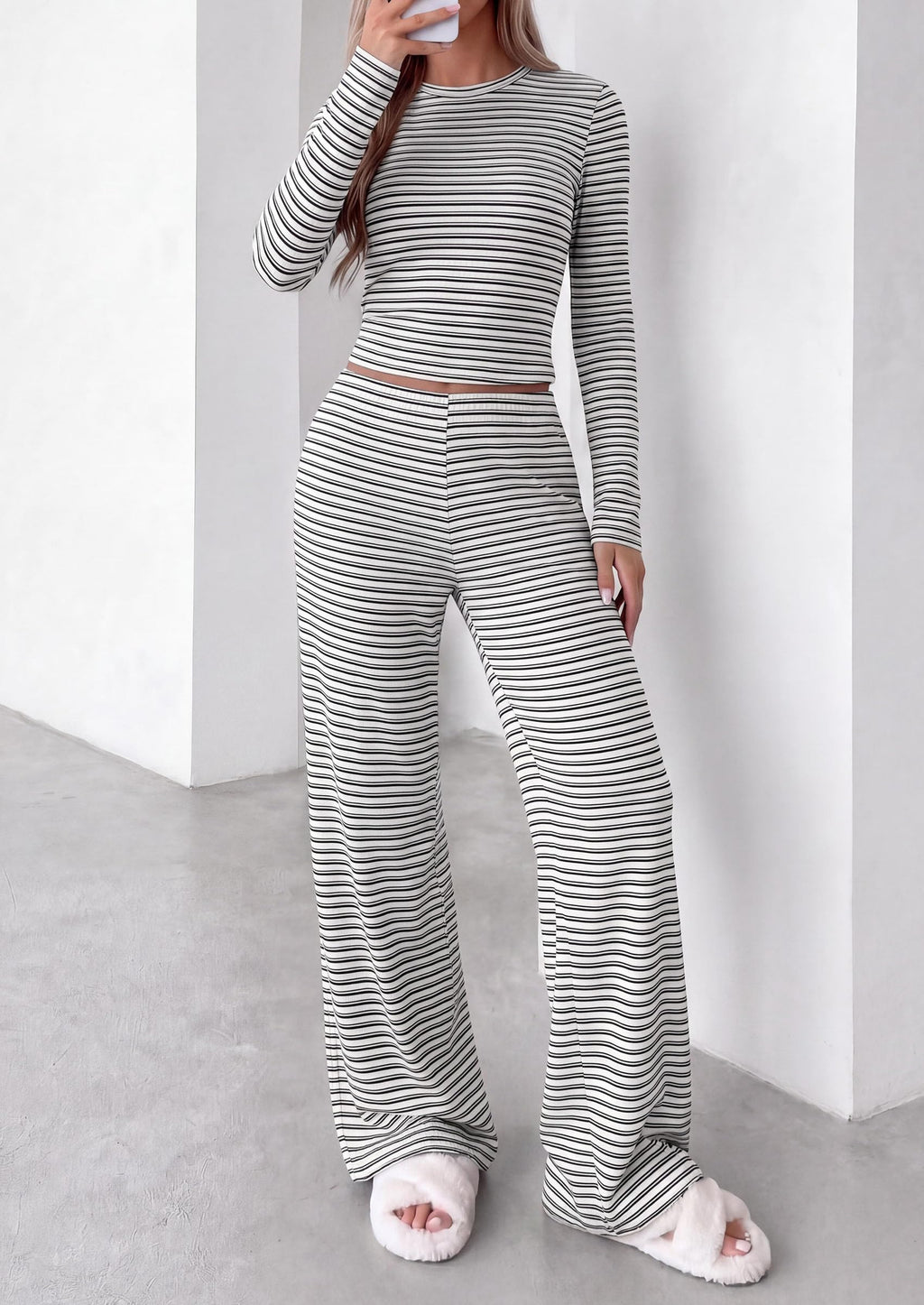 PRETTYGARDEN Women 2 Piece Striped Lounge Sets Soft Cozy Knit, Matching Airport Travel Outfits, Long Sleeve Shirts, Wide Leg Pants Pockets, Fall Winter Comfy Casual Clothes