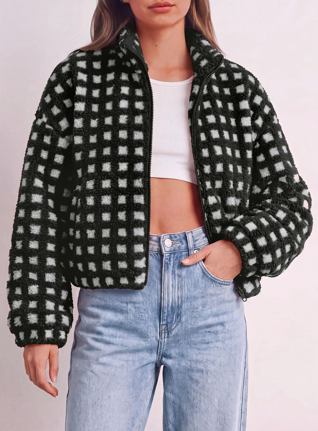 PRETTYGARDEN Women's Gingham Sherpa Fleece Jacket Plaid Cropped Teddy Coat Trendy Y2K Winter Jacket, Zip Up Stand Collar, Side Pockets, Fall Outfit for Casual Daily, Going Out, Streetwear, Outdoor