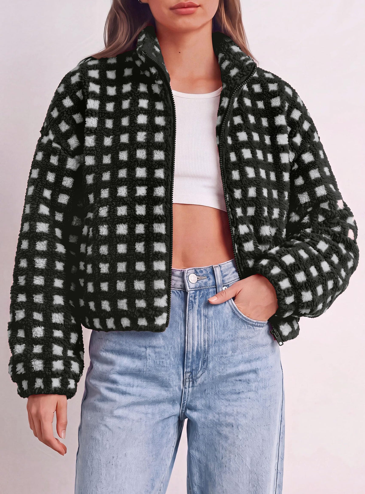 PRETTYGARDEN Women's Gingham Sherpa Fleece Jacket Plaid Cropped Teddy Coat Trendy Y2K Winter Jacket, Zip Up Stand Collar, Side Pockets, Fall Outfit for Casual Daily, Going Out, Streetwear, Outdoor