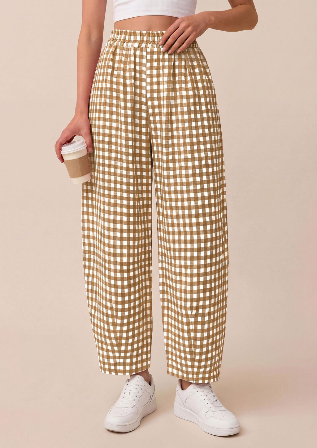 PRETTYGARDEN Plaid Barrel Pants Women Summer Casual Loose Wide Leg Lounge Gingham Trousers Spring Fashion Beach Bottoms