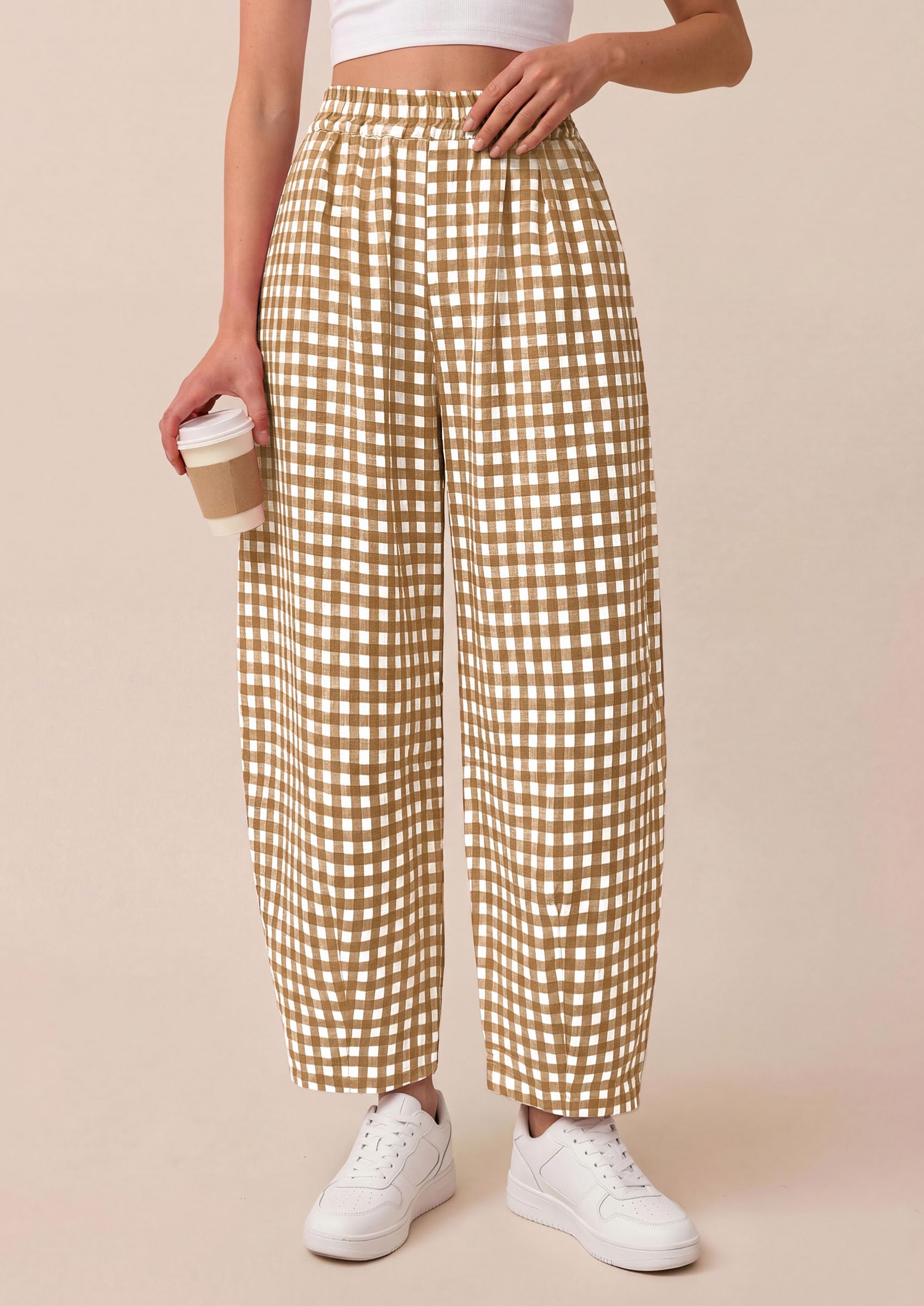 PRETTYGARDEN Plaid Barrel Pants Women Summer Casual Loose Wide Leg Lounge Gingham Trousers Spring Fashion Beach Bottoms