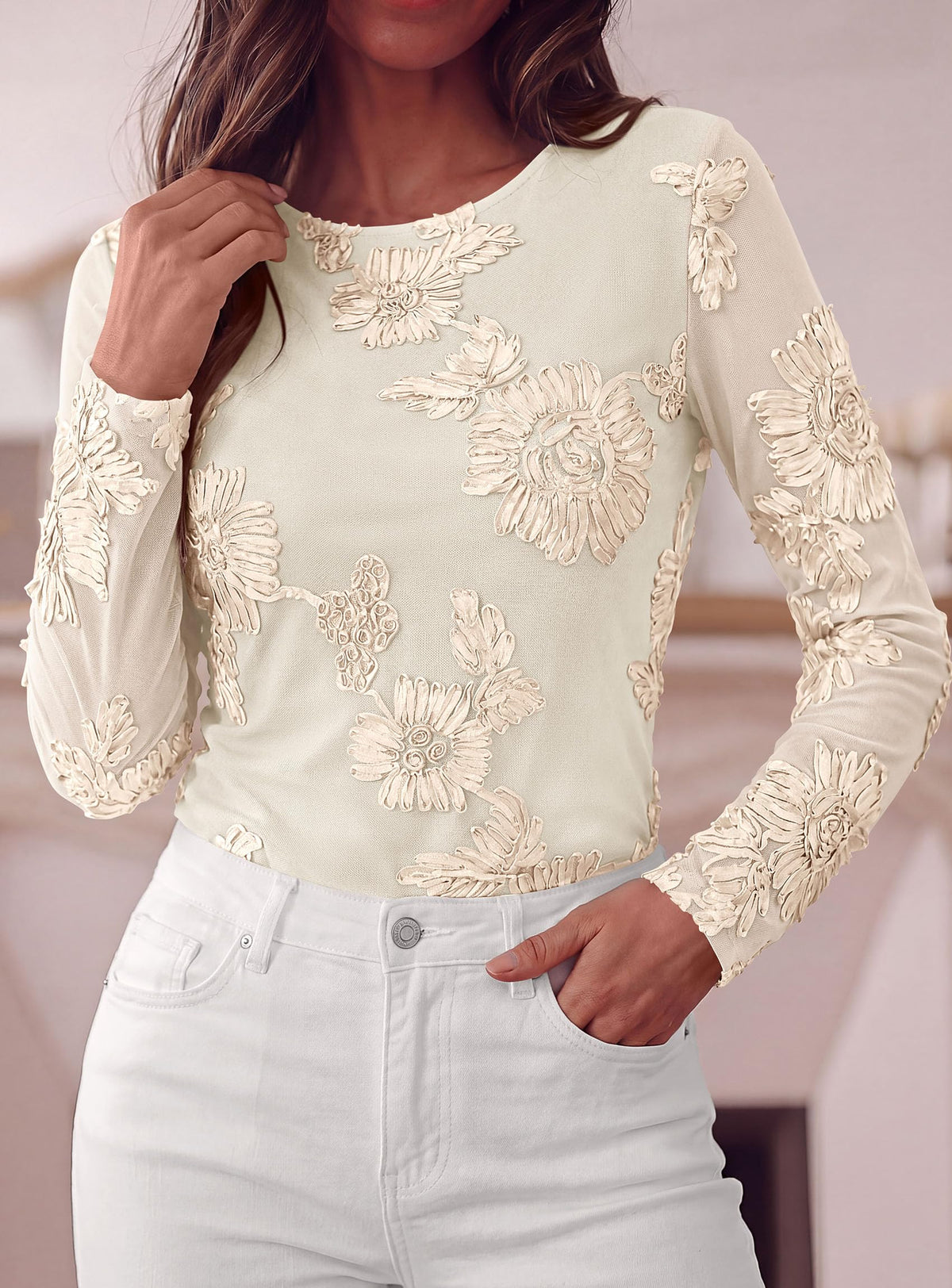 PRETTYGARDEN Women's Mesh Long Sleeve Embroidered Floral Tops Fall Blouses，Slim Fitted, 3D Flower, Double Lined, Dressy Casual Spring Shirts, Going Out Holiday Party Outfits, Trendy Travel Clothes