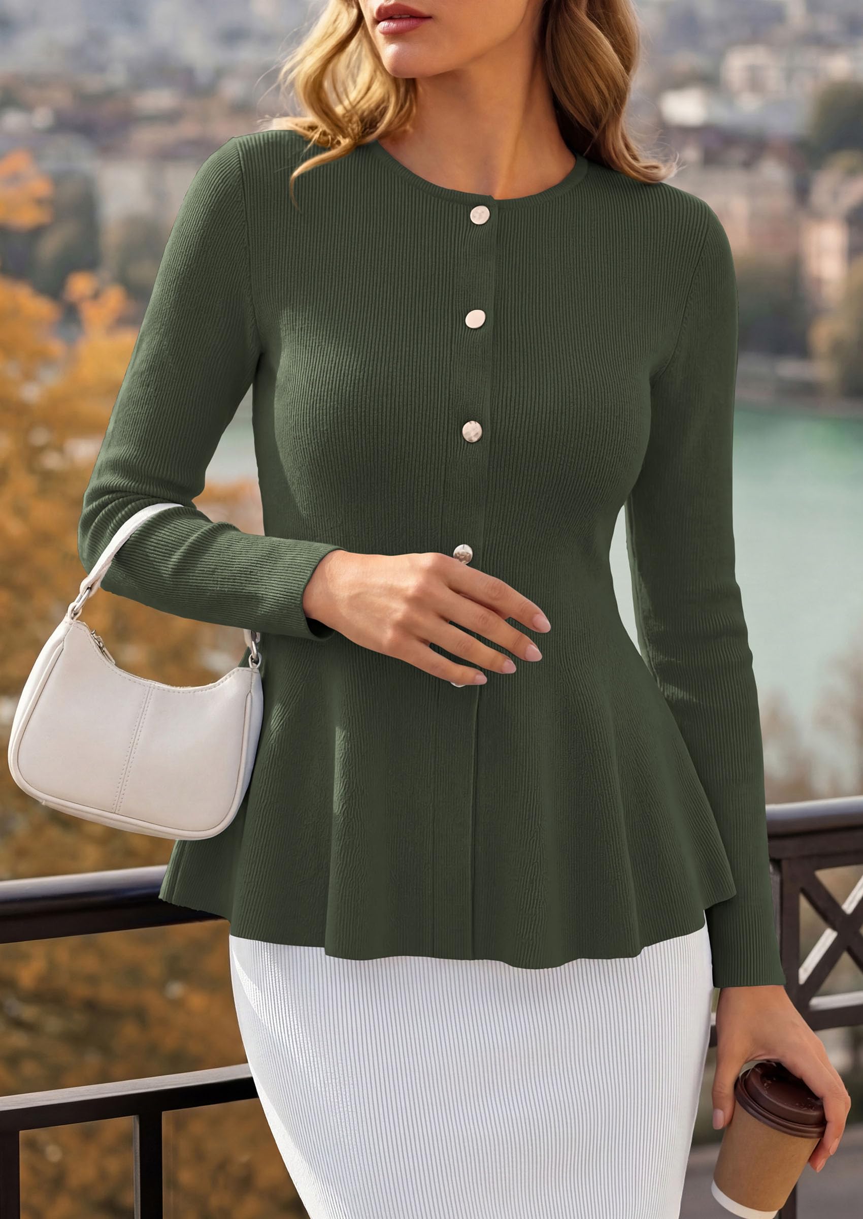 PRETTYGARDEN Women's Fall Lightweight Cardigan Sweaters | Long Sleeve Peplum Tops, Button Up, Slim Fitted, Flared Hem, Soft Ribbed Knit, Business Casual Outfits, Winter Trendy Clothes