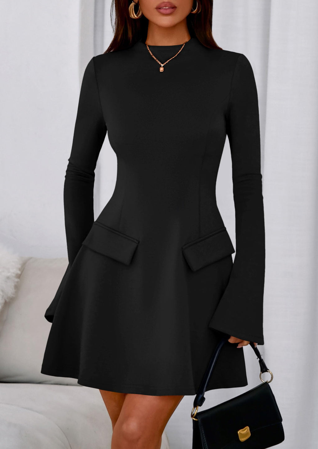 PRETTYGARDEN Women's Elegant Holiday Short Dress  Fall Bell Long Sleeve Mock Neck Work Business Casual Party Mini Dress