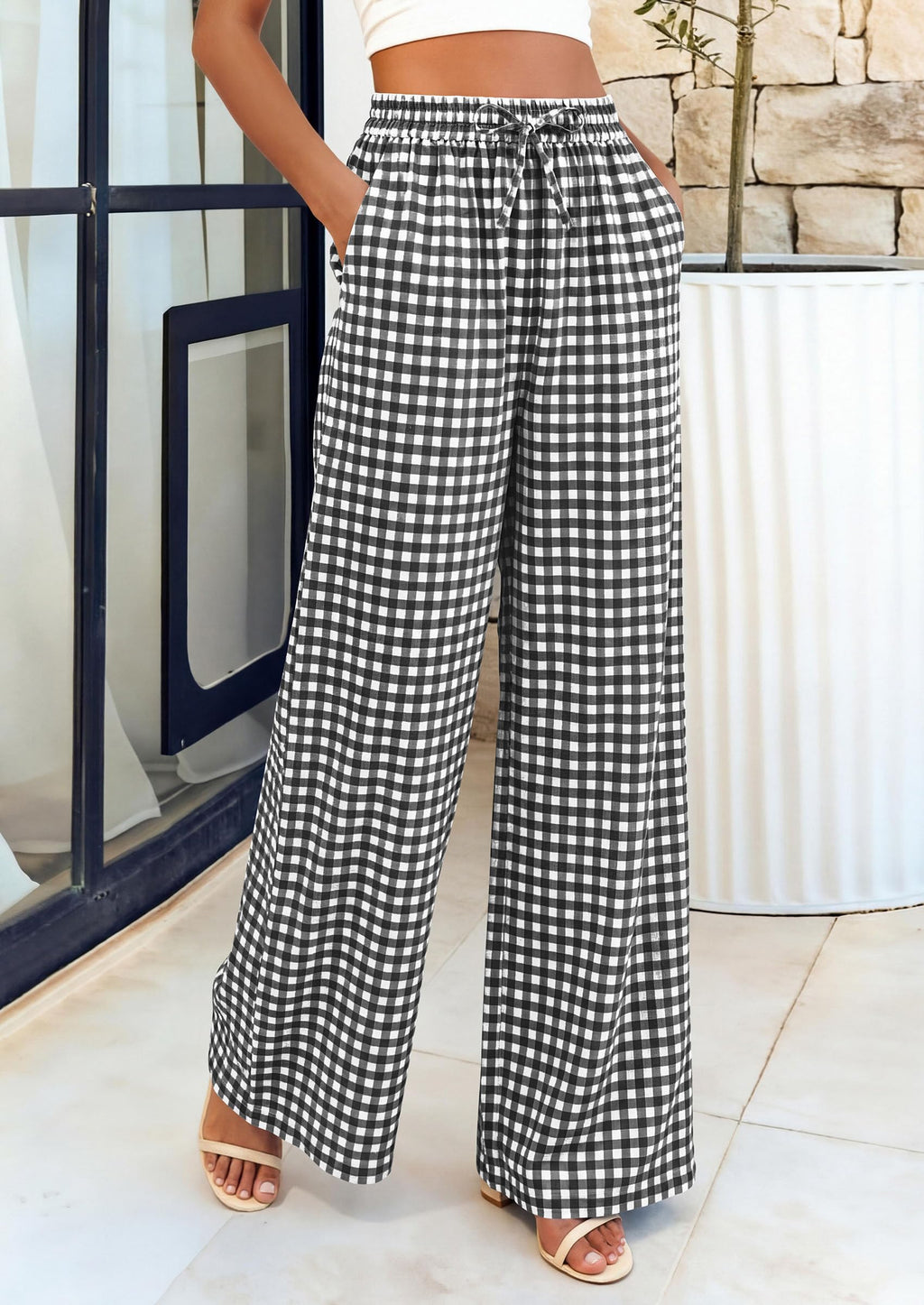 PRETTYGARDEN Women's Wide Leg Gingham Lounge Pants Summer  Casual Plaid Trousers Spring Y2K Clothes Comfy Pajama Bottoms