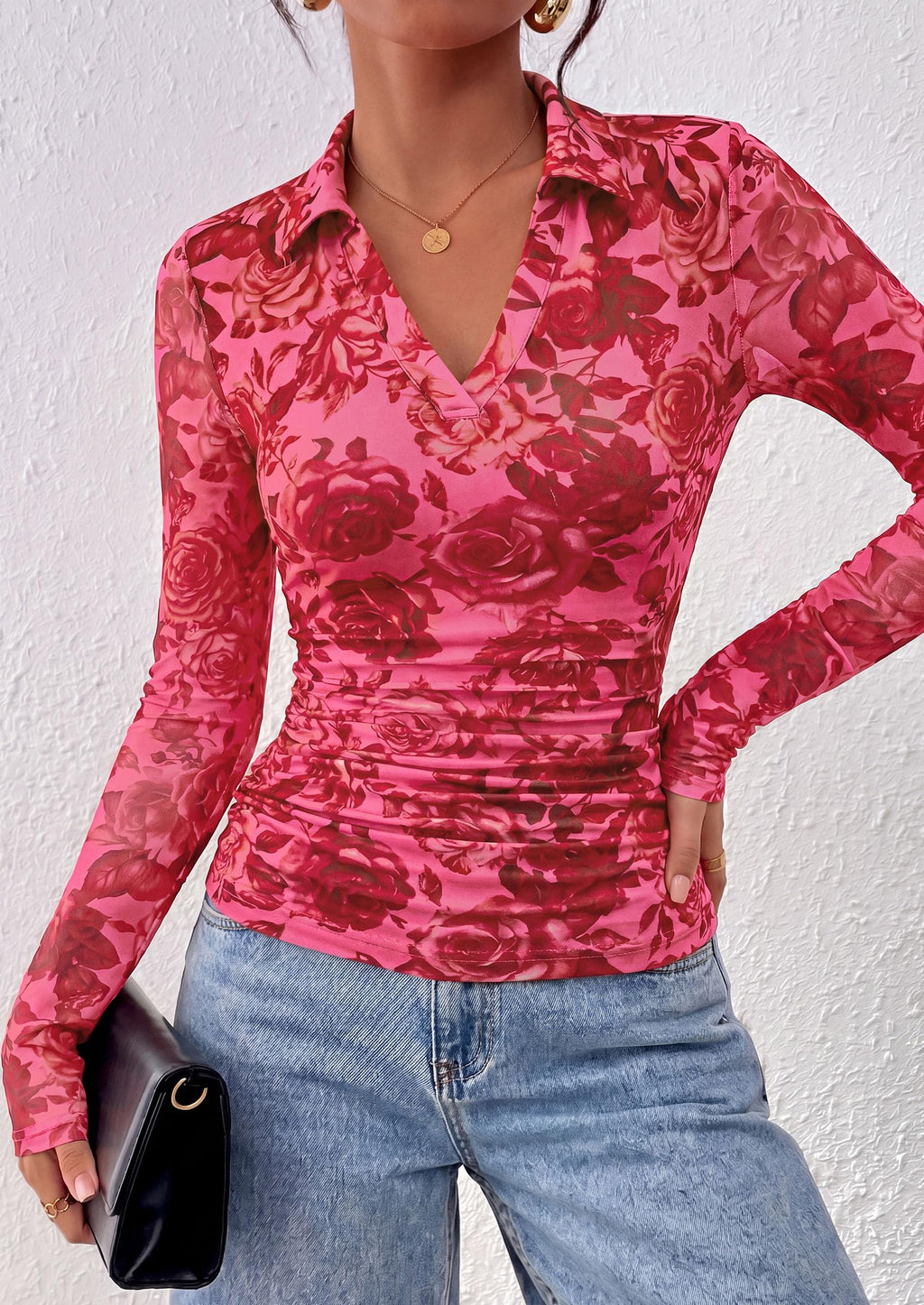 PRETTYGARDEN Women's Long Sleeve Boho Floral Mesh Tops Fall V Neck Blouses,Fitted Polo Shirts, Collared, Double Lined, Dressy Casual, Going Out Date Night Outfits, Spring Lightweight Travel Clothes