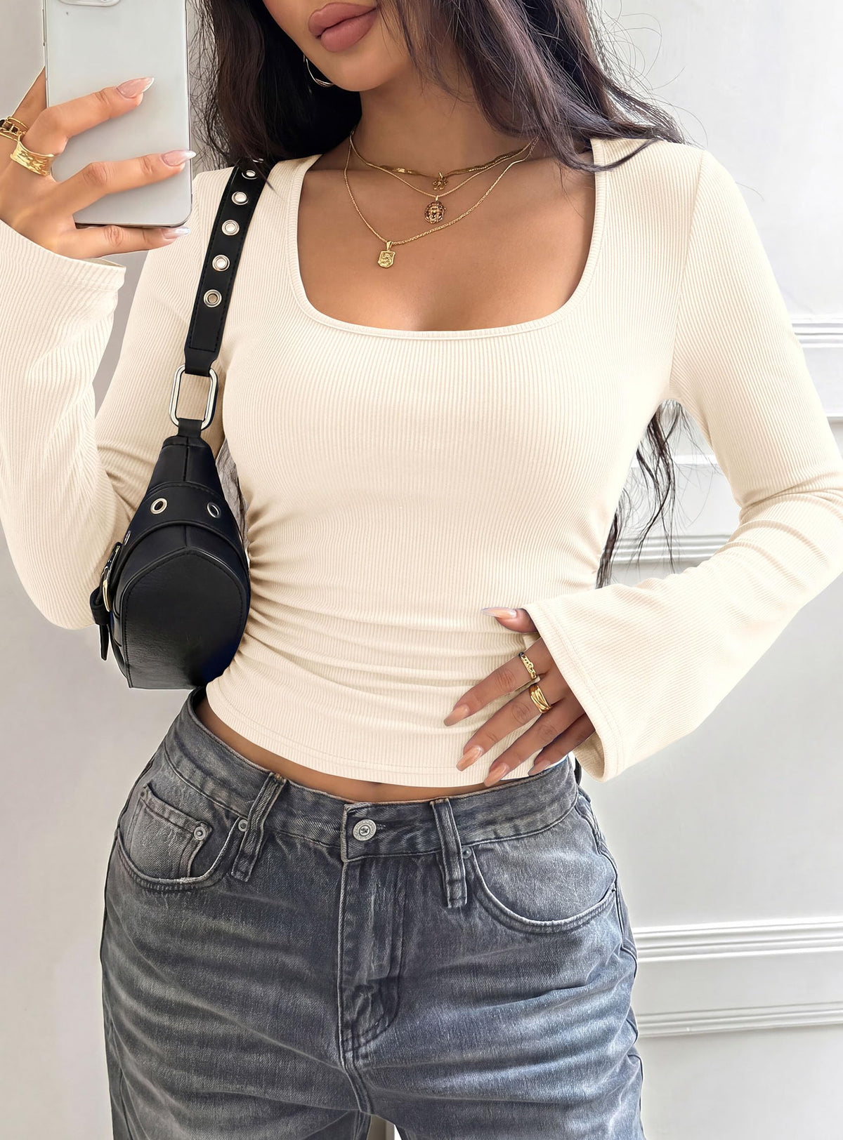 PRETTYGARDEN Womens Bell Long Sleeve Shirts Going Out Tops | Soft Stretchy Ribbed Knit, Square Neck, Slim Fit Y2K Clothes, Trendy Side Ruched, Layering Tee for Casual Fall & Winter Wear
