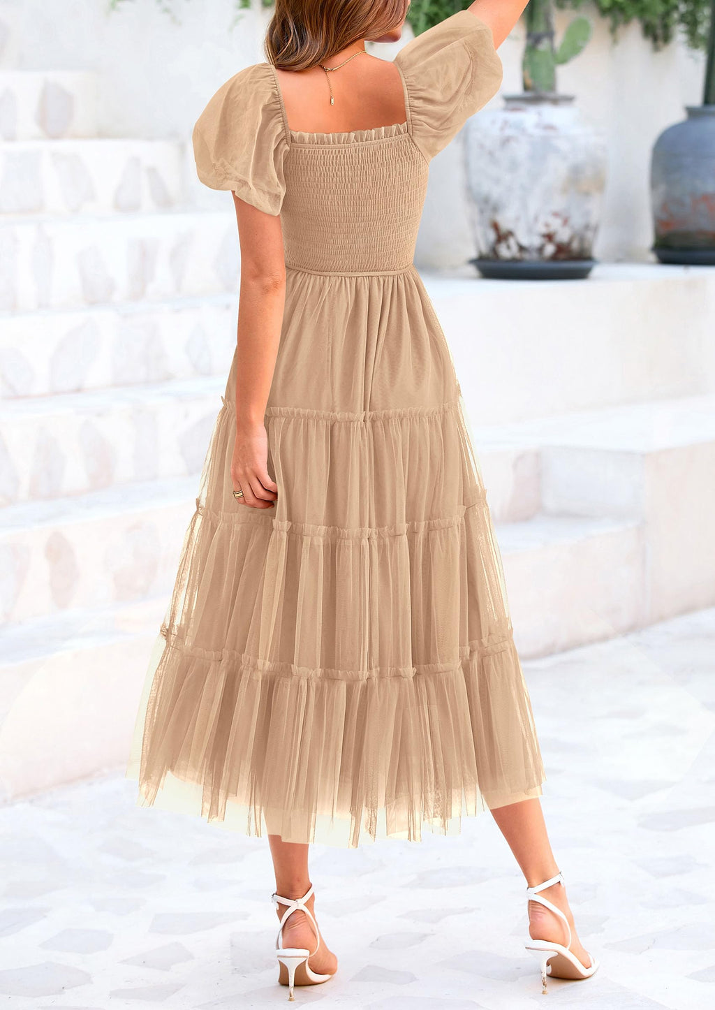 PRETTYGARDEN Women's Smocked Midi Tulle Dress  Summer Puffy Short Sleeve Square Neck Ruffle Wedding Guest Party Dresses