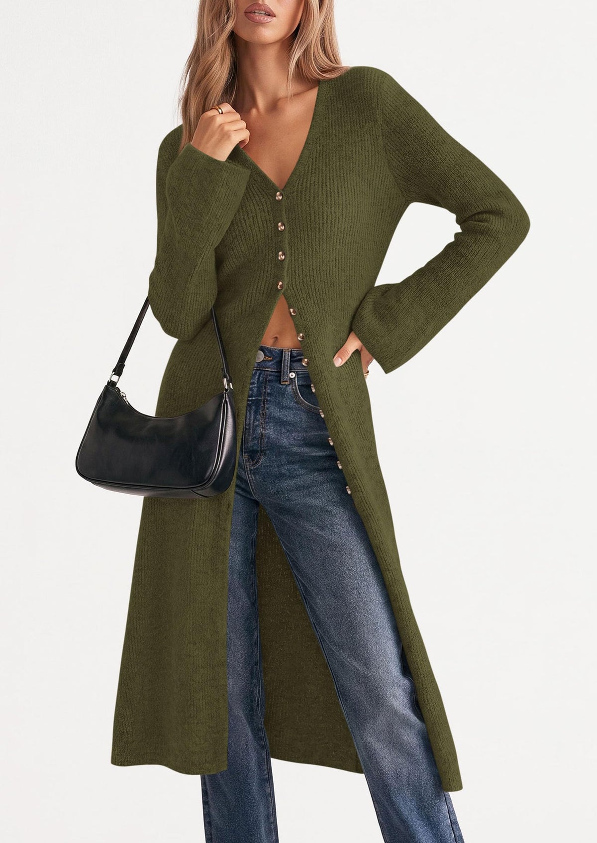 PRETTYGARDEN Women Long Cardigan Bell Sleeve Sweater Dress Early Fall Fashion, V Neck Button Down Coats, Fit and Flare, Duster Sweater, Acrylic Cotton Blend