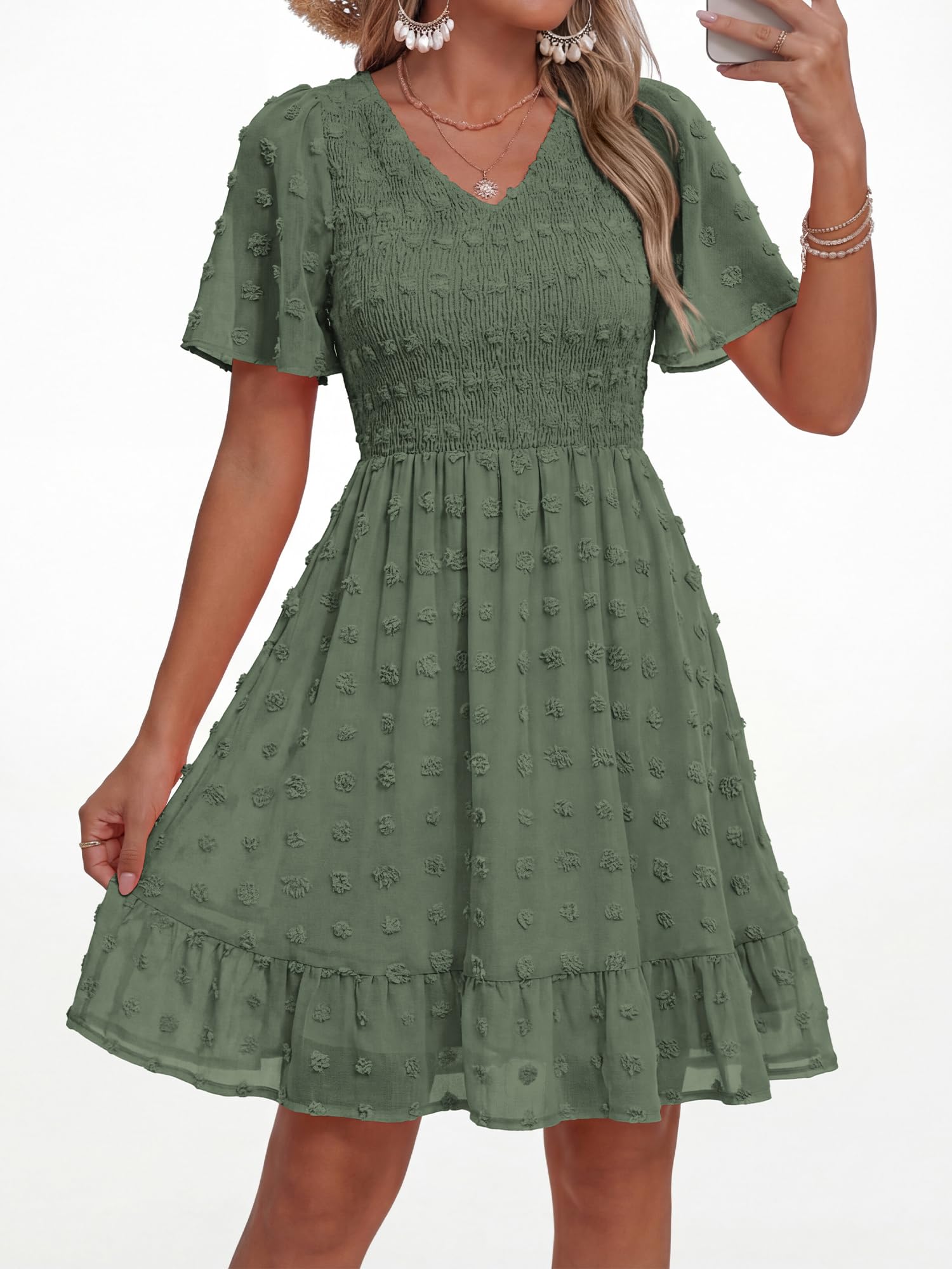 FreshPretty Womens Beach Vacation Dress Summer V Neck Short Sleeve Smocked Swiss Dot Ruffle Casual Mini Spring Dresses
