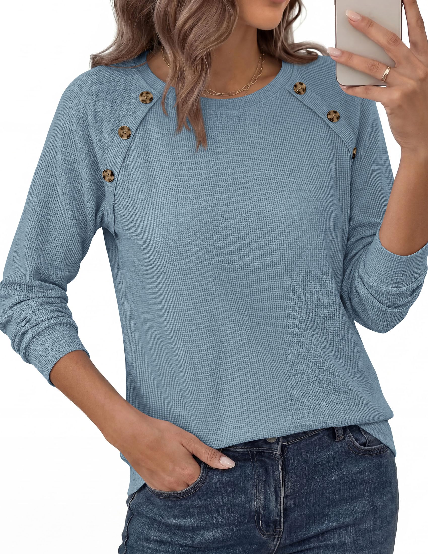 PRETTYGARDEN Long Sleeve Shirts for Women Waffle Knit Tops Fall Fashion Dressy Casual Loose Tunic Blouse Winter Clothing