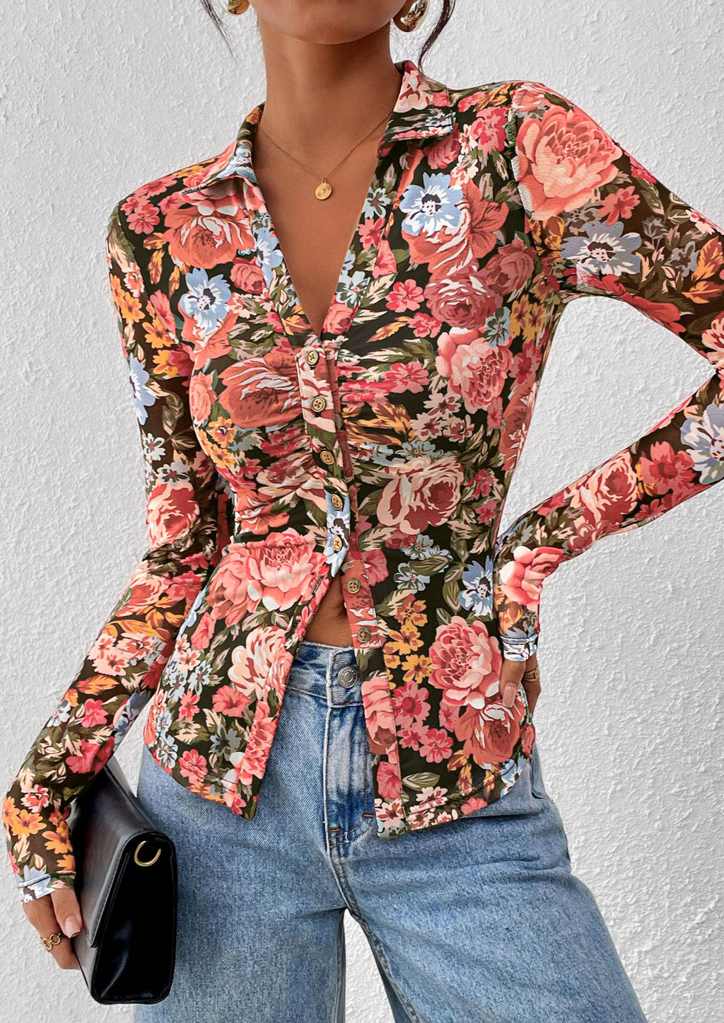 PRETTYGARDEN Women Button Down Floral Shirts Fall Trendy Long Sleeve V Neck Mesh Boho Blouse Spring Tops Date Outfits