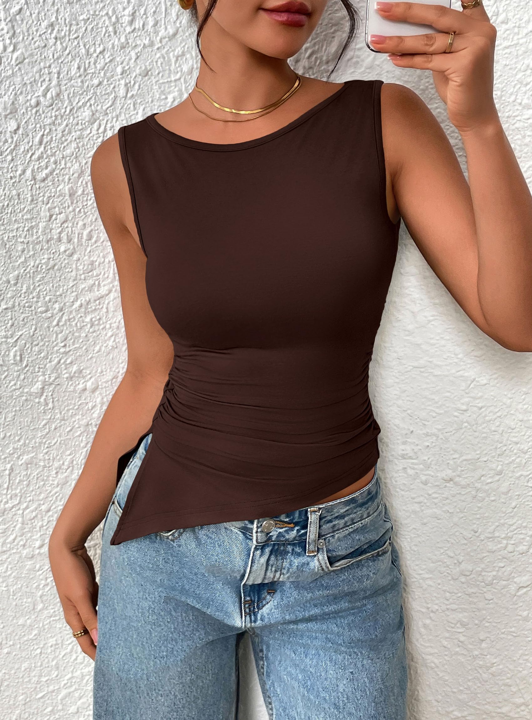 PRETTYGARDEN Womens Ruched Tank Tops  Summer Sleeveless Slim Fit T Shirts Blouses Going Out Y2K Fashion Clothes