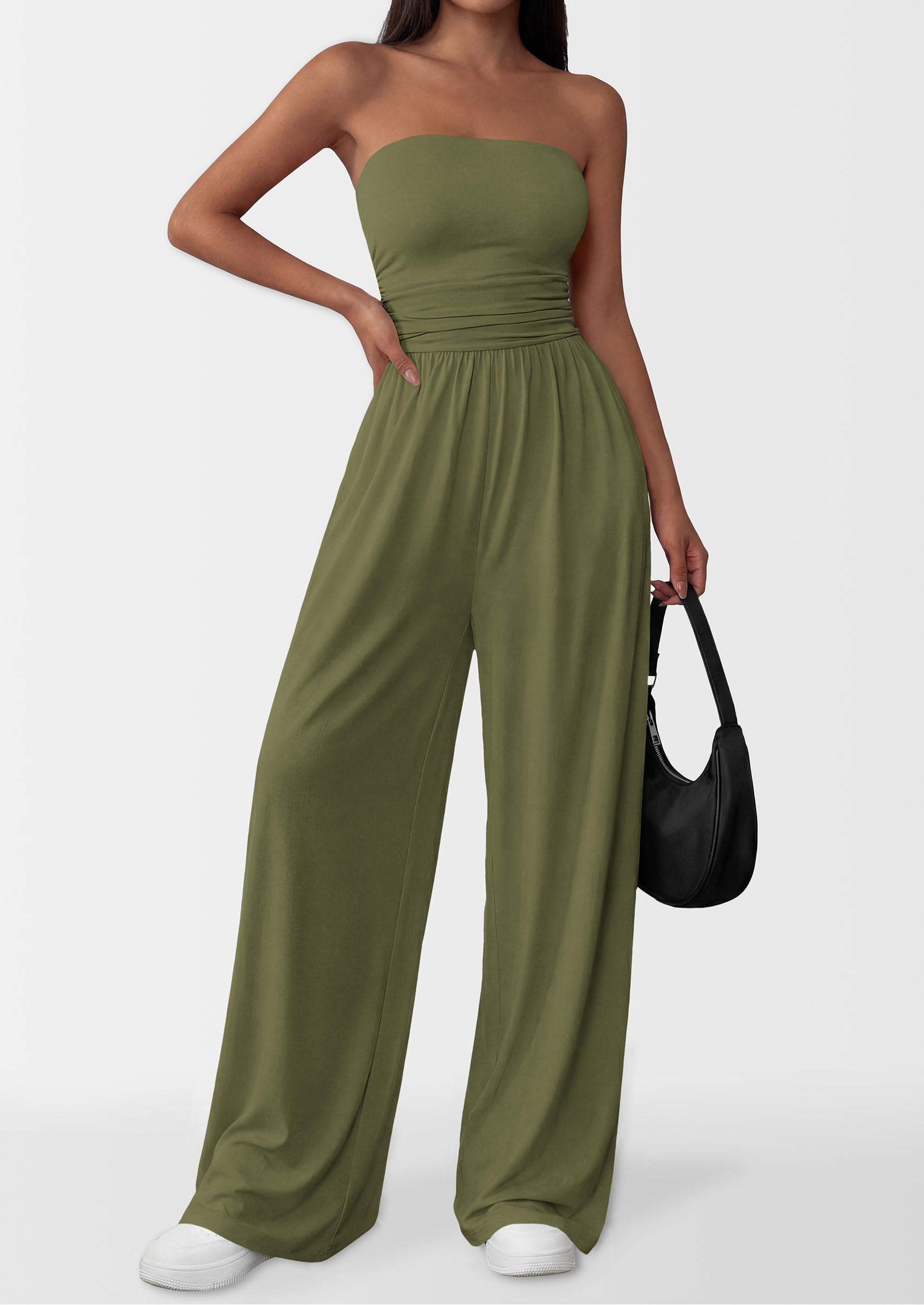 PRETTYGARDEN Womens Trendy Strapless Rompers Ruched Tube Top Wide Leg One Piece Jumpsuits Beach Vacation Summer Outfits
