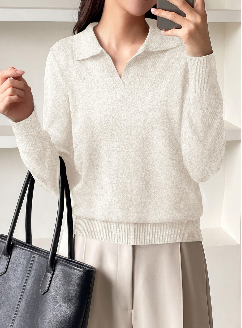 PRETTYGARDEN Womens Long Sleeve Collared Polo Sweater | Breathable Soft Ribbed Knit, Lapel V Neck Pullover Sweaters, Business Casual Work Office Tops, 2026 Trendy Fall Outfits