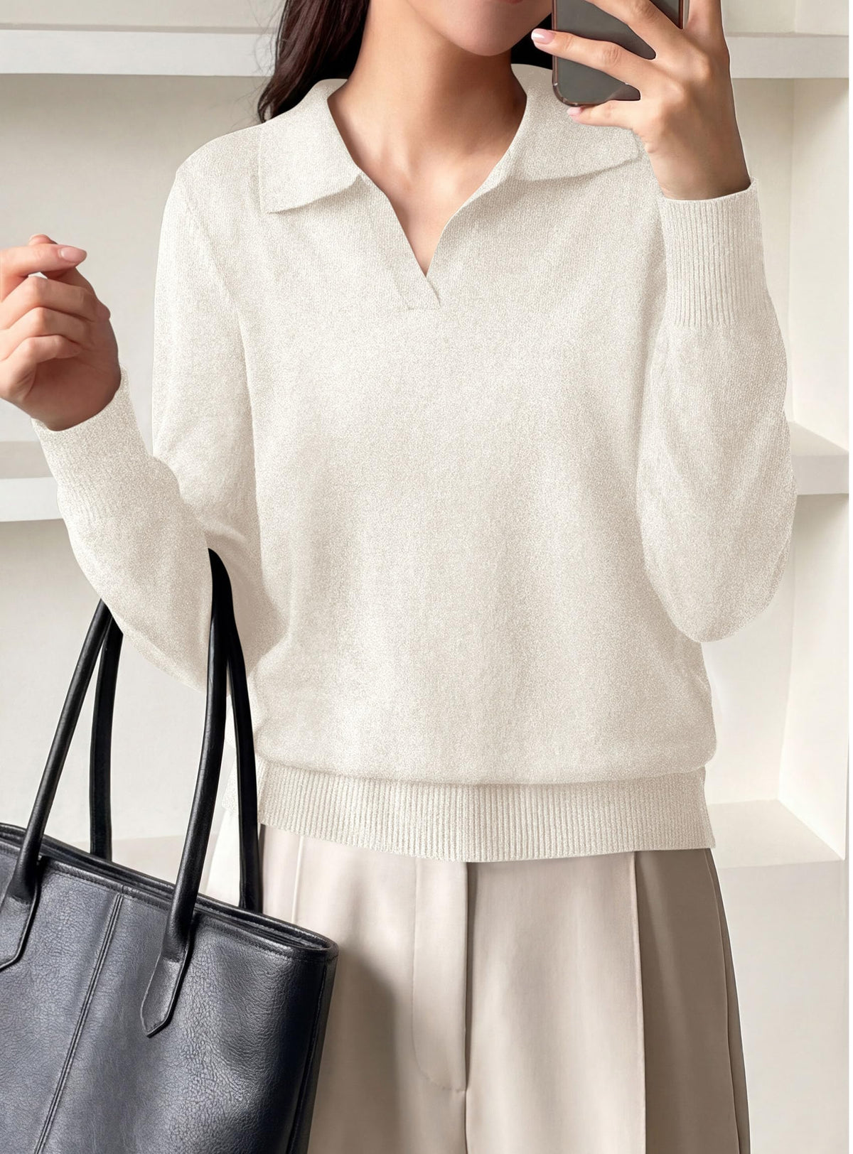PRETTYGARDEN Womens Long Sleeve Collared Polo Sweater | Breathable Soft Ribbed Knit, Lapel V Neck Pullover Sweaters, Business Casual Work Office Tops, 2026 Trendy Fall Outfits