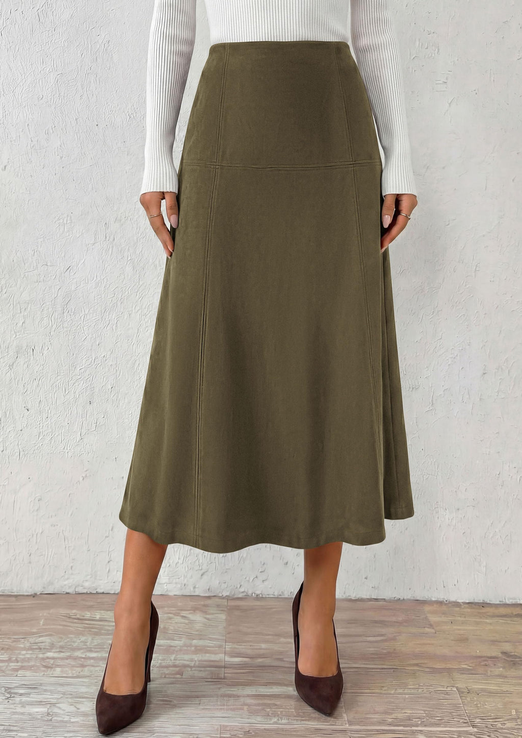 PRETTYGARDEN Womens High Waist Faux Suede A Line Midi Skirt | Hidden Stretch Elastic Waist, Front Back Panel Stitching, Vintage Elegant Mid-Calf Long Skirts for Fall Winter Office Daily
