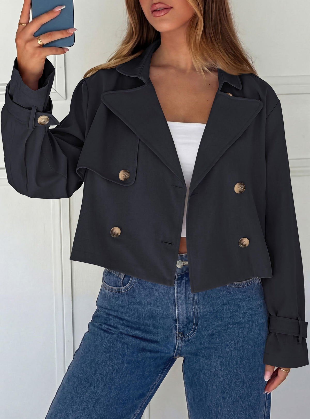 PRETTYGARDEN Cropped Trench Coat For Women Short Jacket,Soft Lightweight Coats, Lapel Double Breasted, Long Sleeve Loose Fit, Casual Work Office Jackets, Fall Winter Outwear