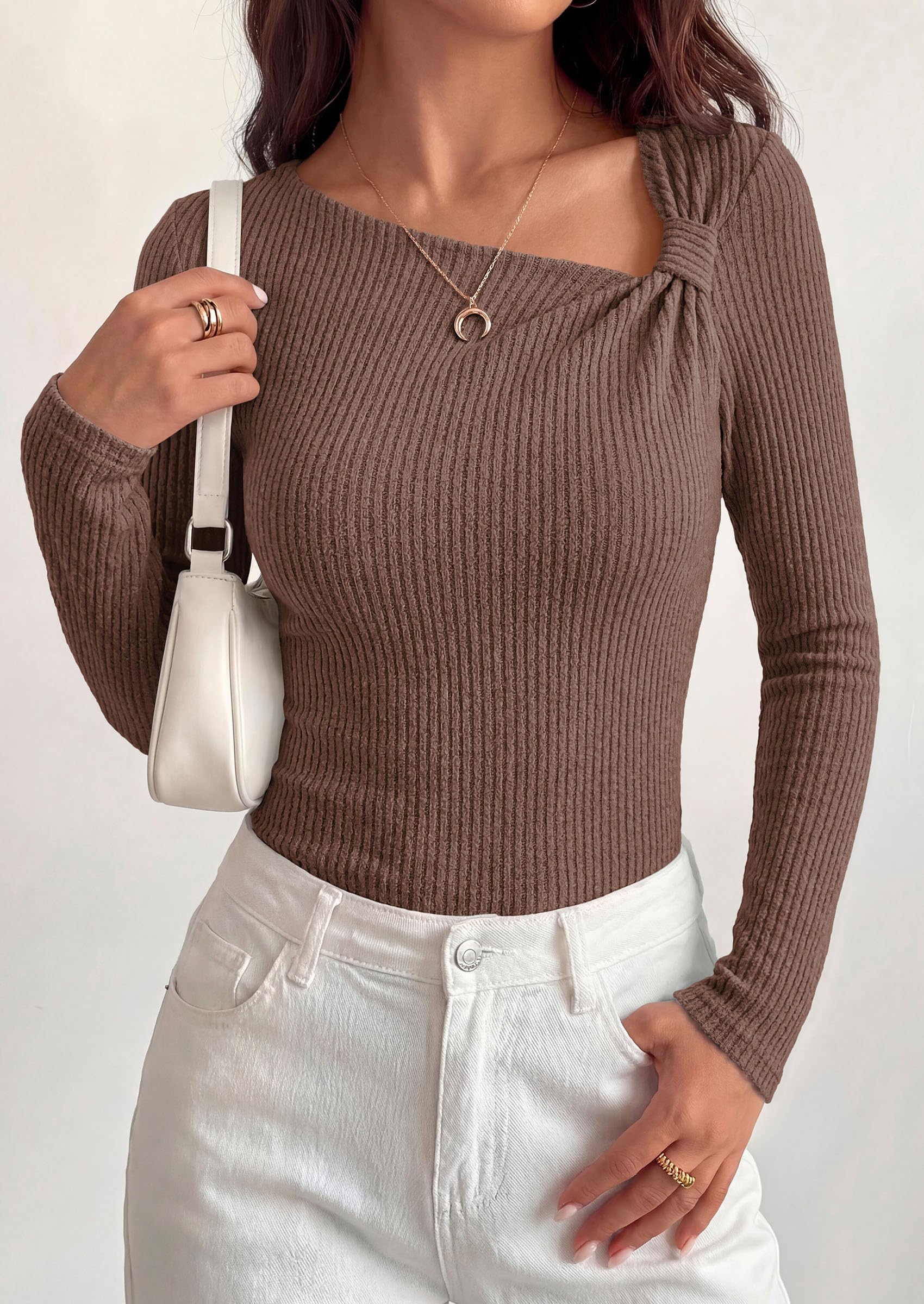 PRETTYGARDEN Womens  Early Fall Fashion Long Sleeve T Shirts Asymmetrical Ribbed Fitted Trendy Going Out Tops Y2K Outfits