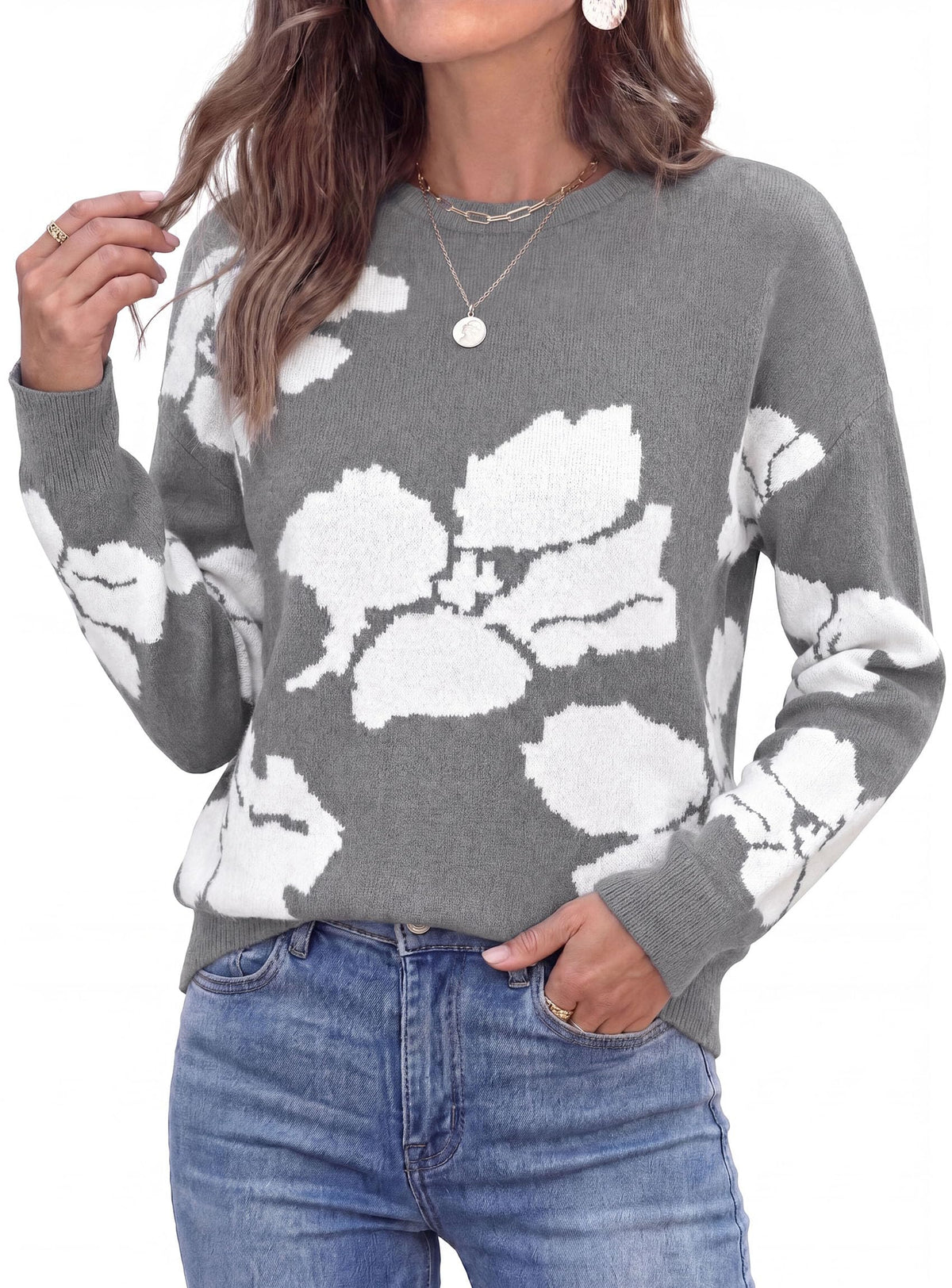 PRETTYGARDEN Womens Floral Sweater Crewneck Printed Pullover Tops,Soft Slouchy Knit Sweater,Casual Long Sleeve,Fall Fashion,Cute Winter Clothes,Work Office Travel Vacation Outfits