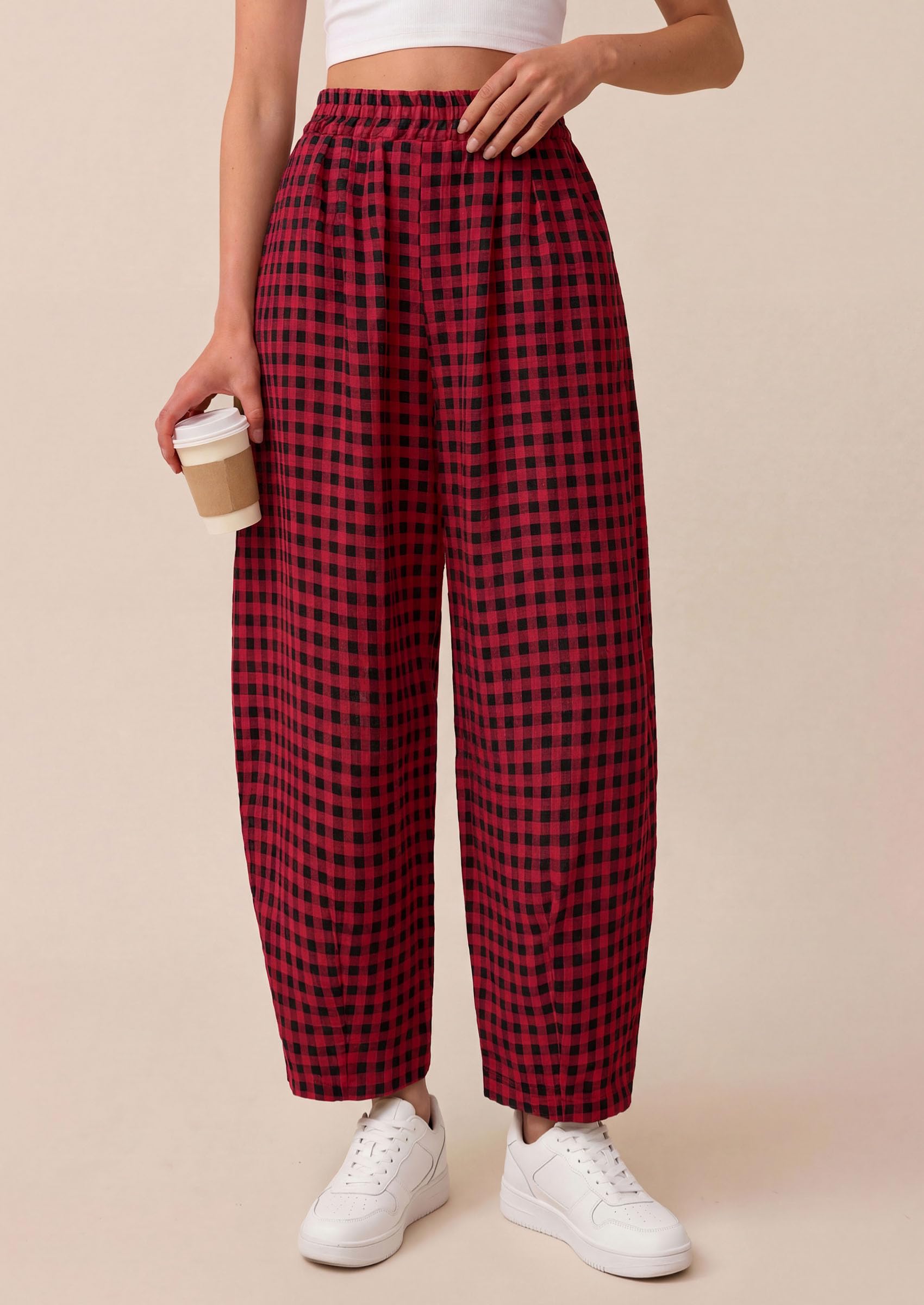 PRETTYGARDEN Plaid Barrel Pants Women Summer Casual Loose Wide Leg Lounge Gingham Trousers Spring Fashion Beach Bottoms