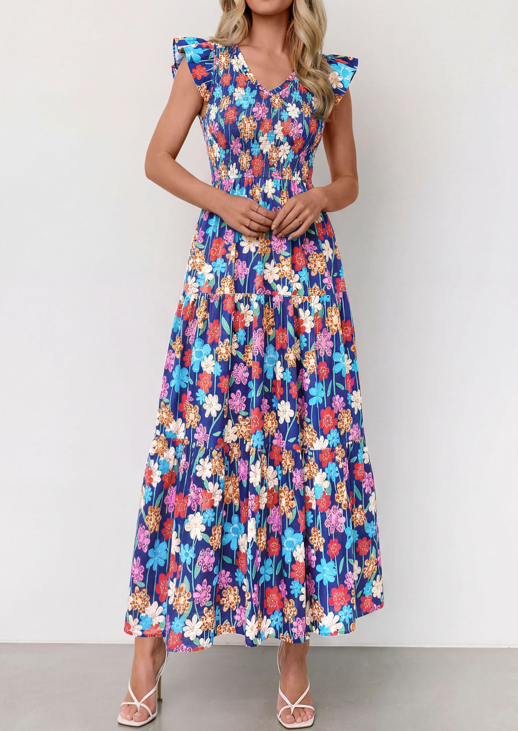 PRETTYGARDEN Women's Boho Floral Maxi Dress Summer Smocked V Neck Ruffle Sleeve Spring Flowy Beach Vacation Sundresses