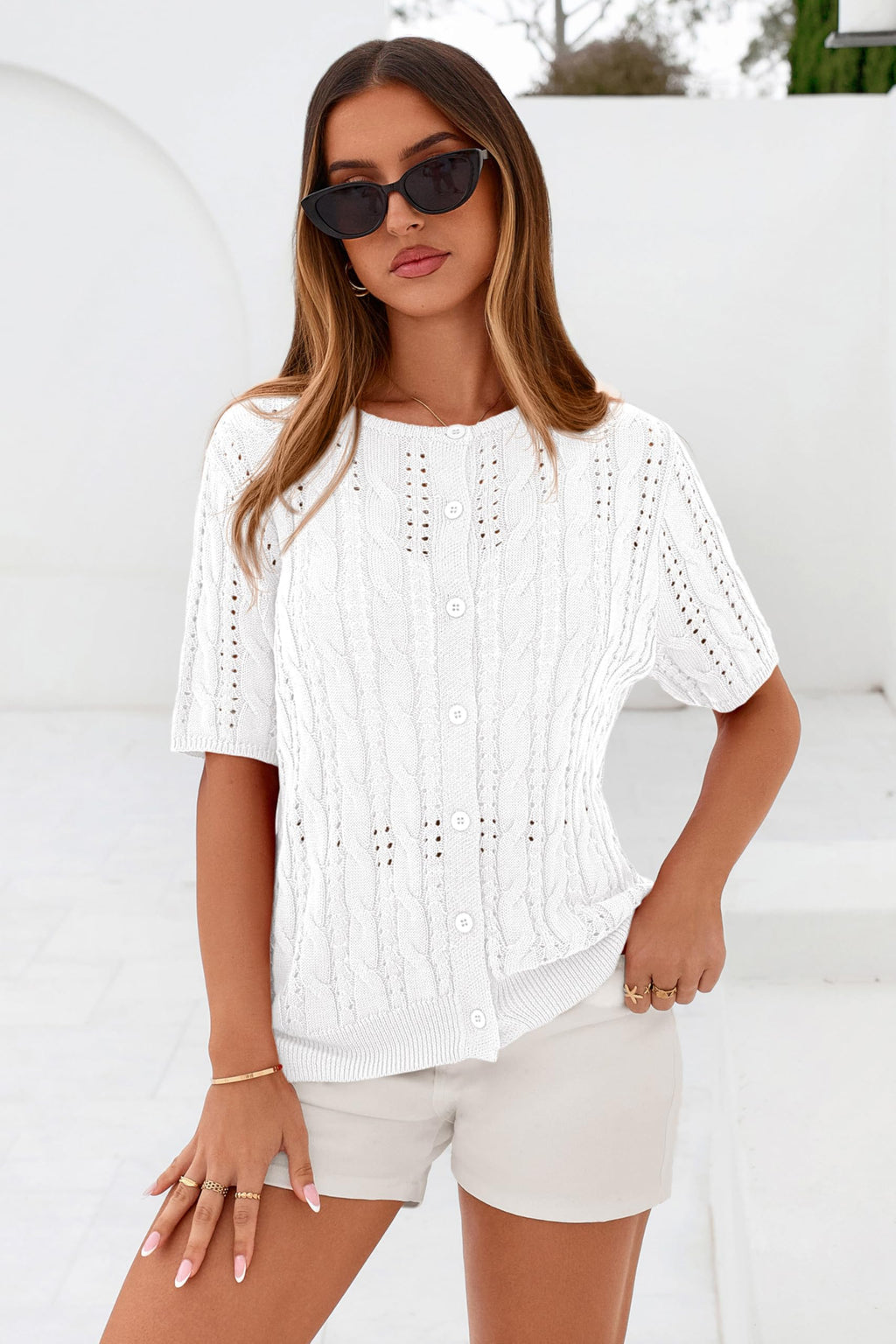 FreshPretty  Women Summer Cable Knit Crochet Cardigan Sweaters Casual Button Short Sleeve Sweater Cute Beach Hollow Out Knit Top