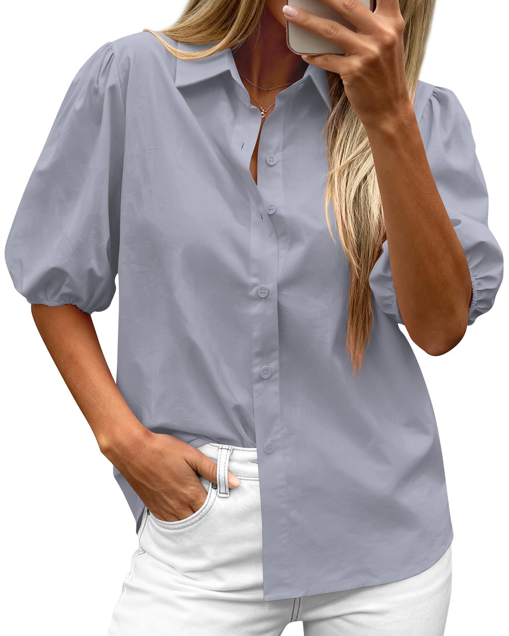BTFBM Women's Button Down Shirts Short Puff Sleeve Collared V Nec Summer Tops Dressy Casual Work Business Blouses