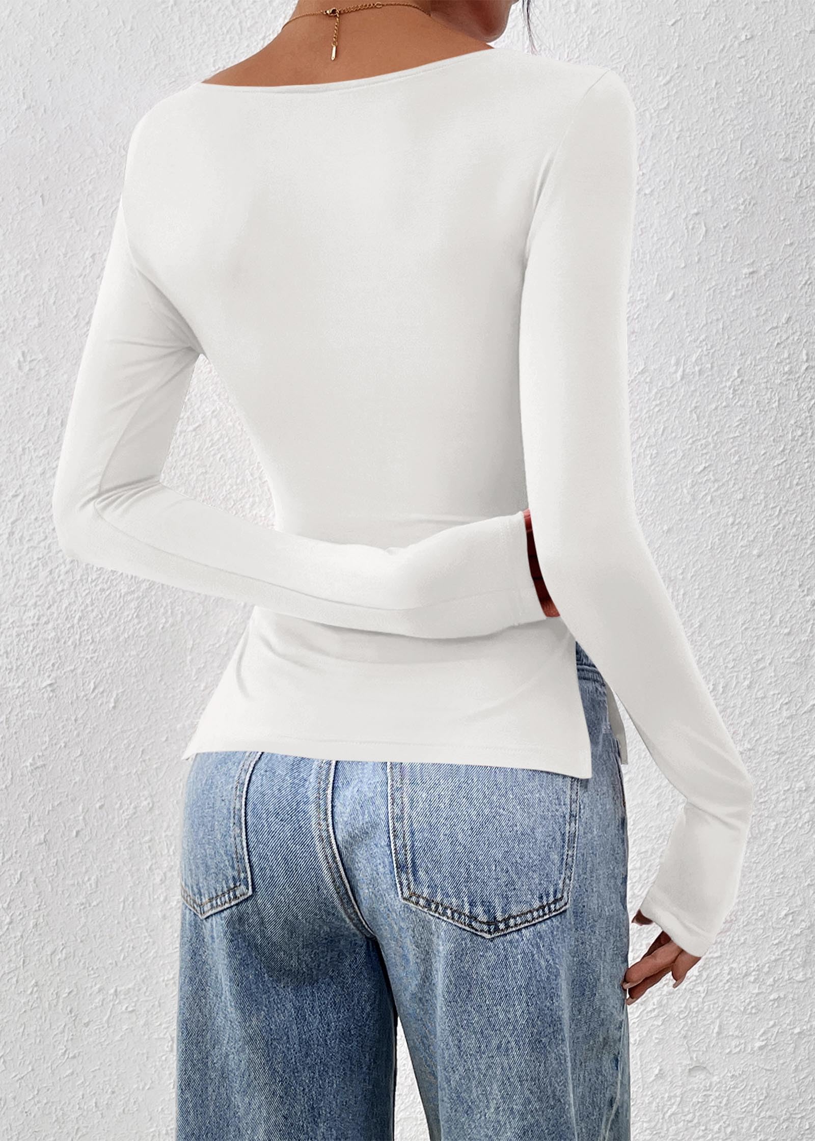 FreshPretty Long Sleeve Shirts for Women Fall Casual Boat Neck Knit Workout Going Out Tops Fitted Side Slit Basic Tees