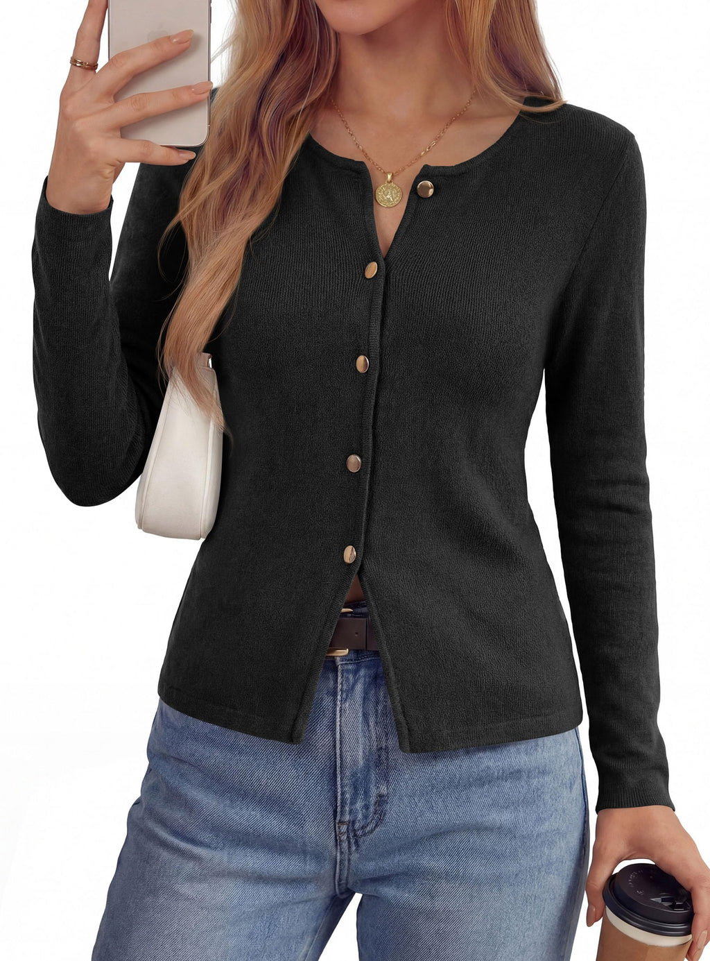 PRETTYGARDEN Button Up Cardigan Sweaters for Women | Slim Fitted Knitwear,Long Sleeve Lightweight Knit Cardigans,Business Casual Outfits Work Tops,Layering Piece for Fall&Winter