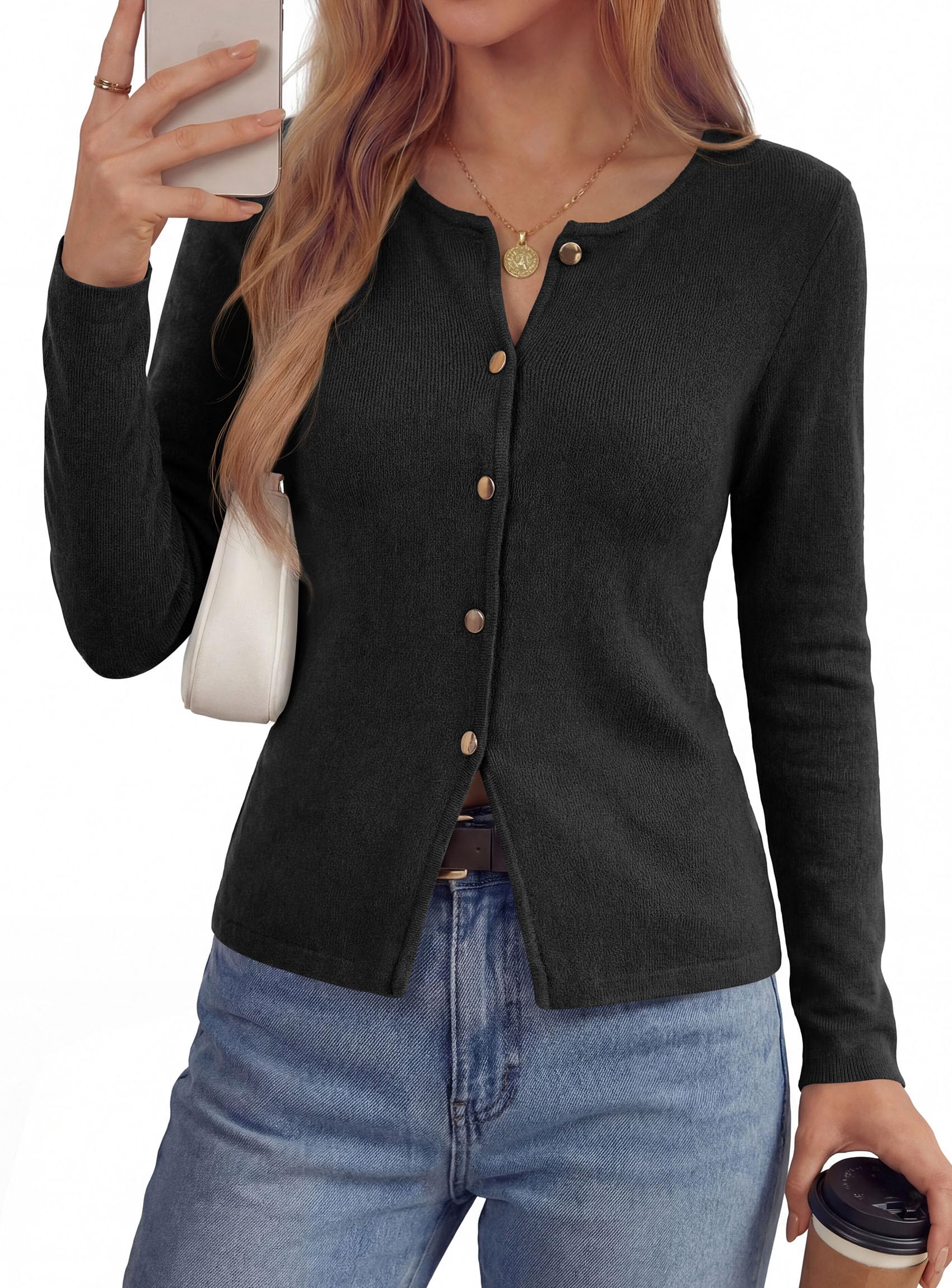PRETTYGARDEN Button Up Cardigan Sweaters for Women | Slim Fitted Knitwear,Long Sleeve Lightweight Knit Cardigans,Business Casual Outfits Work Tops,Layering Piece for Fall&Winter