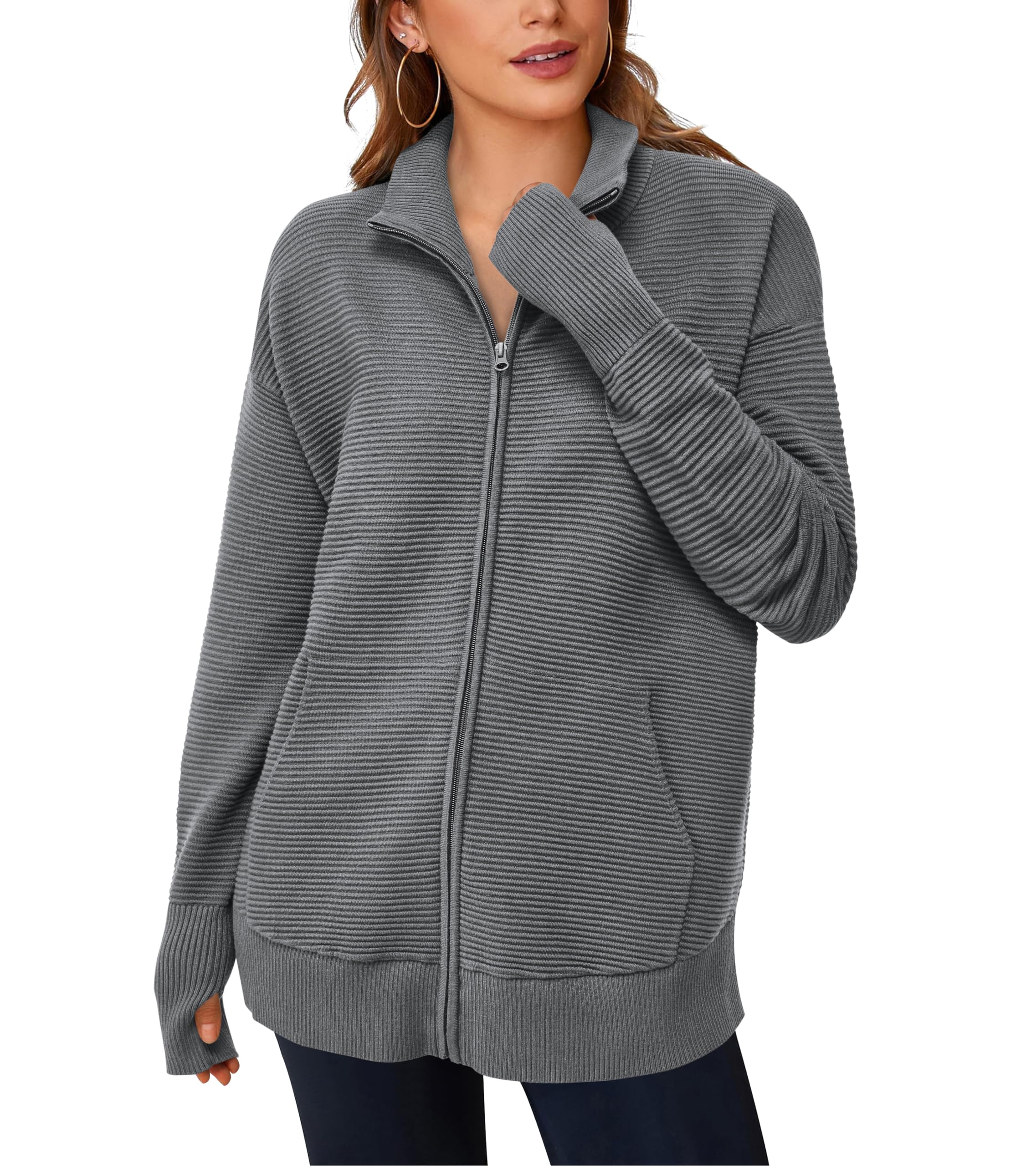 PRETTYGARDEN Womens Fall Long Sleeve Zip Up Cardigan Sweaters Casual Loose Collared Ribbed Knit Tops Jackets Thumb Hole