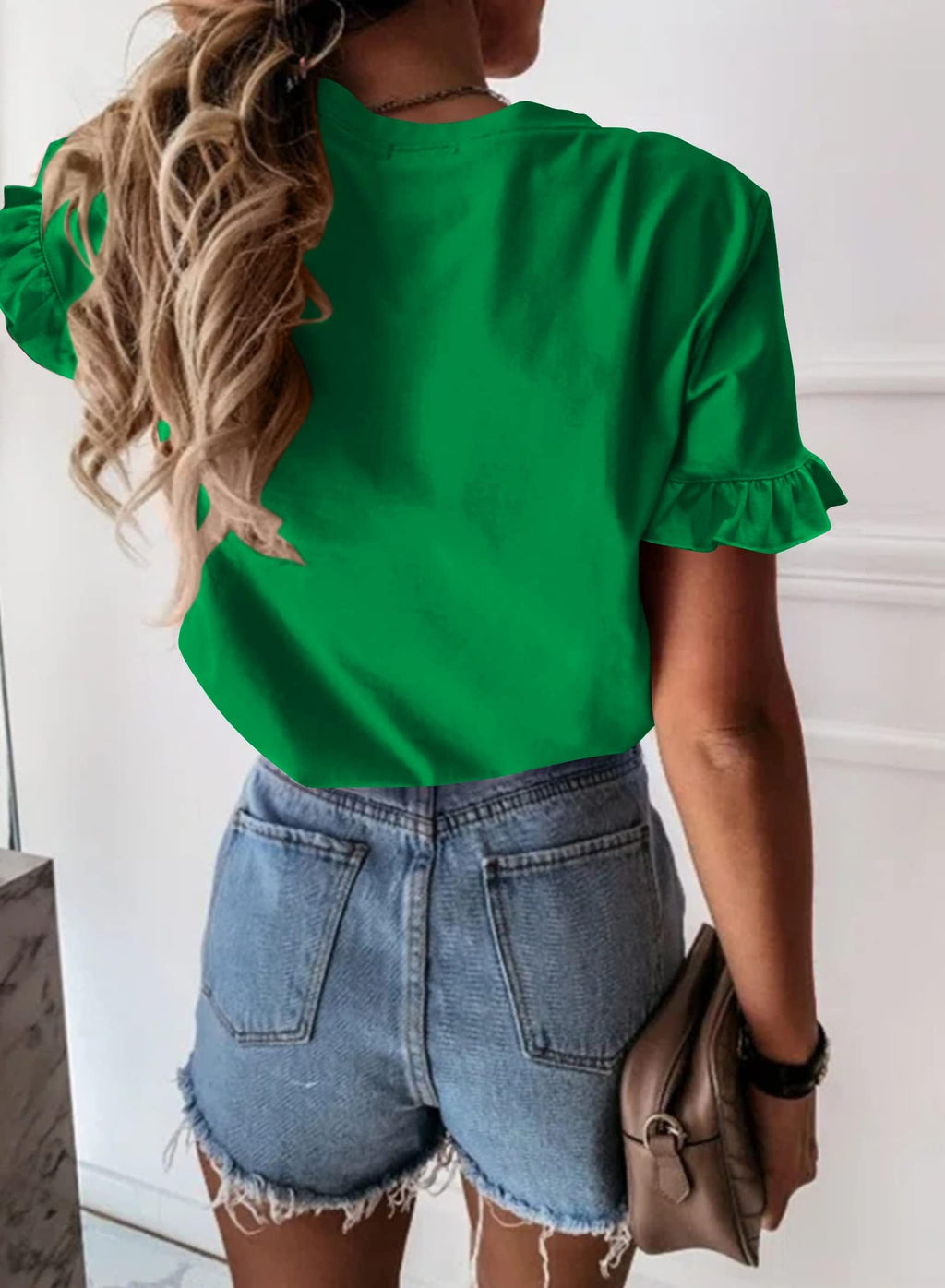 PRETTYGARDEN Women's Short Sleeve Casual T Shirts Summer Ruffle Plain Round Neck Loose Fit Tee Blouse Tops