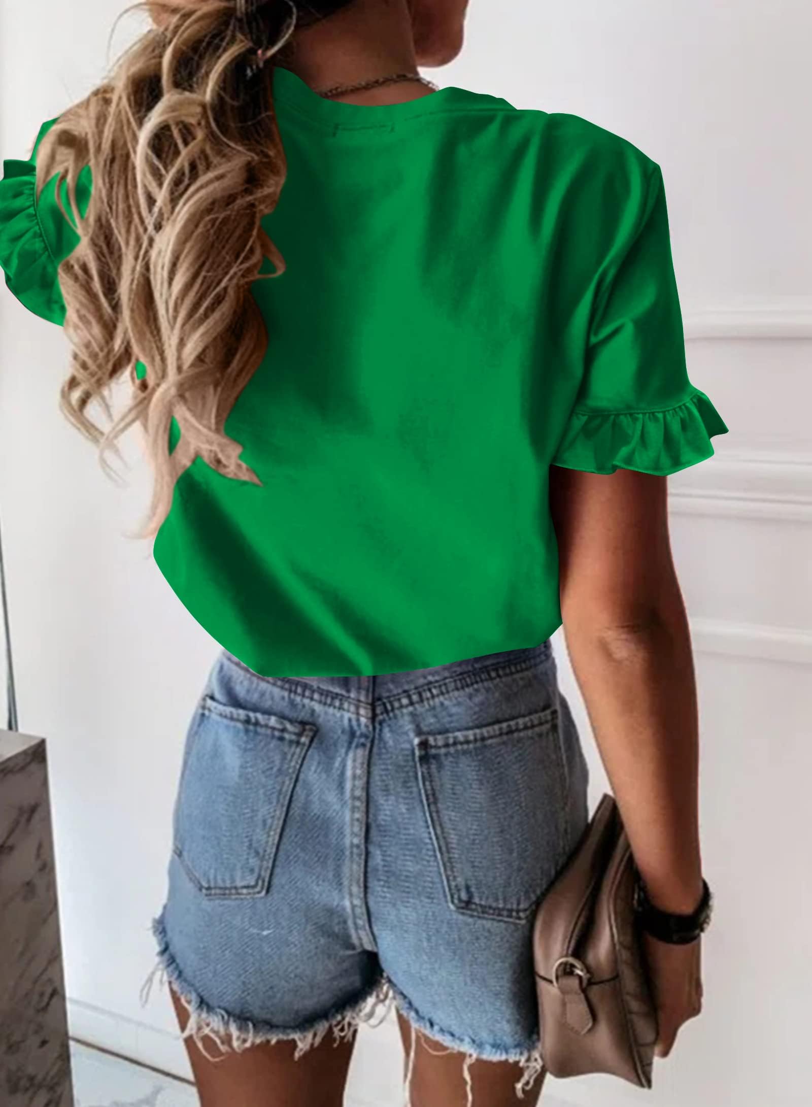 PRETTYGARDEN Women's Short Sleeve Casual T Shirts Summer Ruffle Plain Round Neck Loose Fit Tee Blouse Tops
