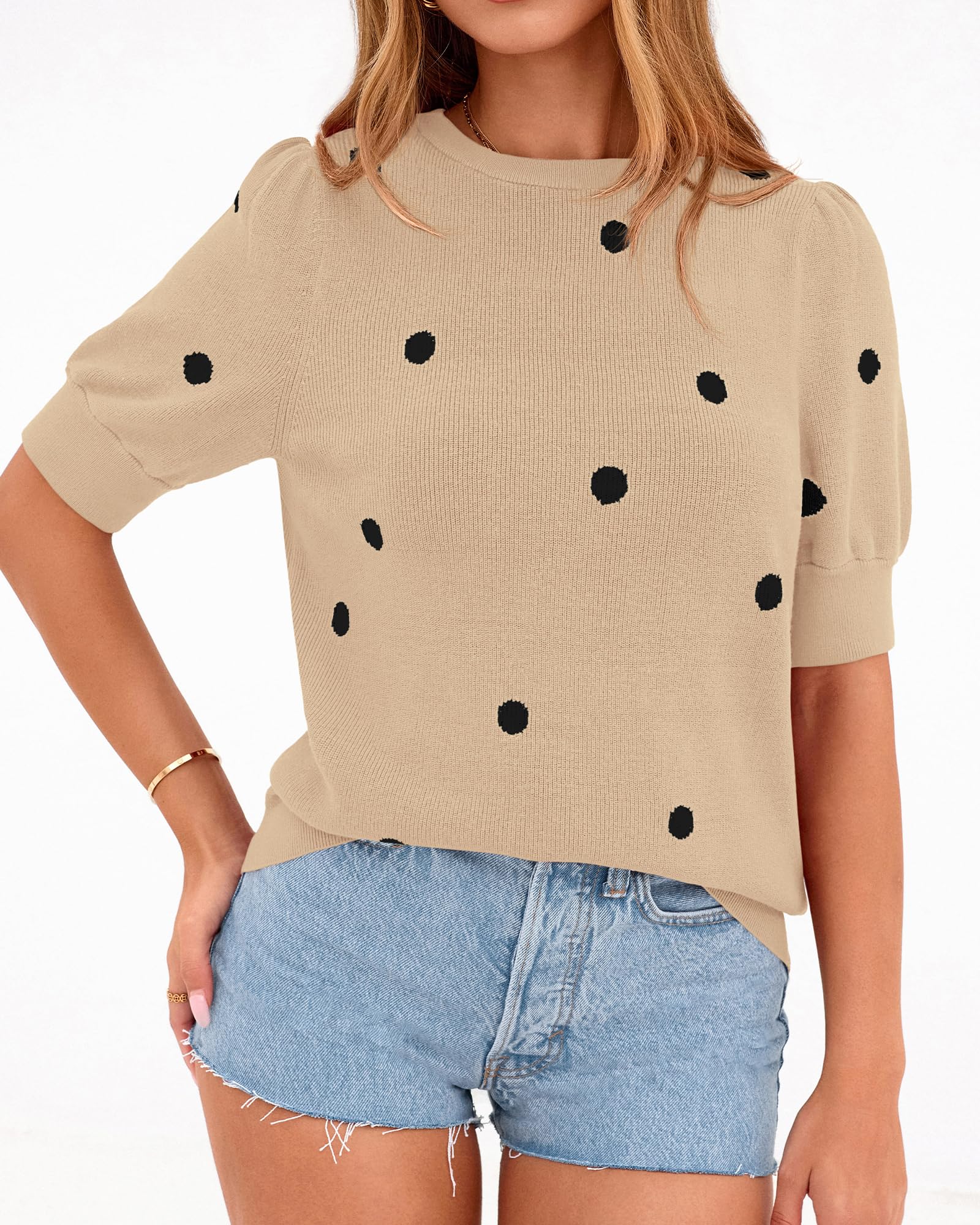 BTFBM Womens Sweaters Polka Dot Short Sleeve Sweater for Women Crew Neck Knit Summer Tops Business Dressy Casual Blouses
